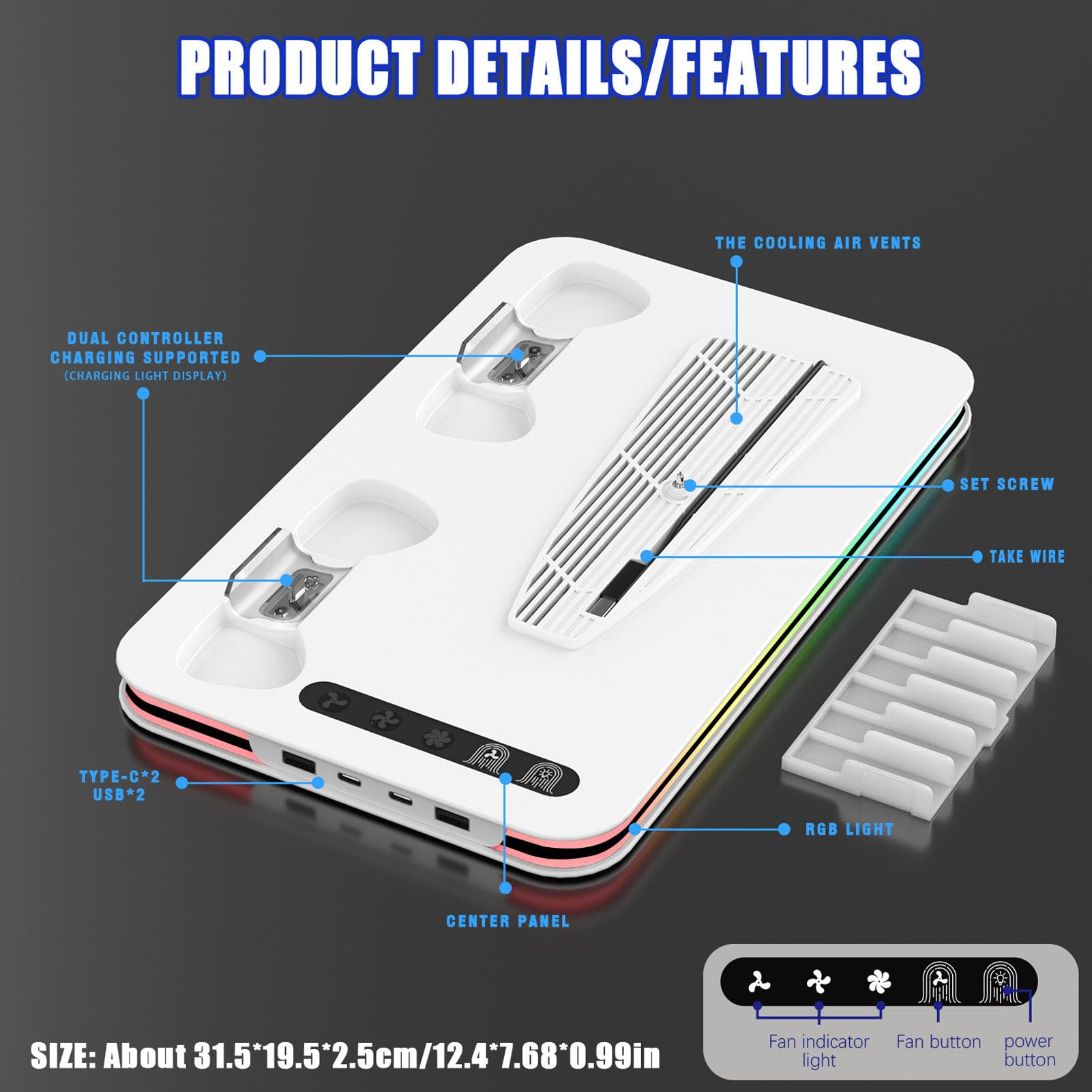 Luocute Stazione di Raffreddamento per Console di Gioco, Supporto di Ricarica Verticale con Ventola Regolabile a 3 Livelli e Luce RGB, Docking Station USB Tipo C Multifunzionale