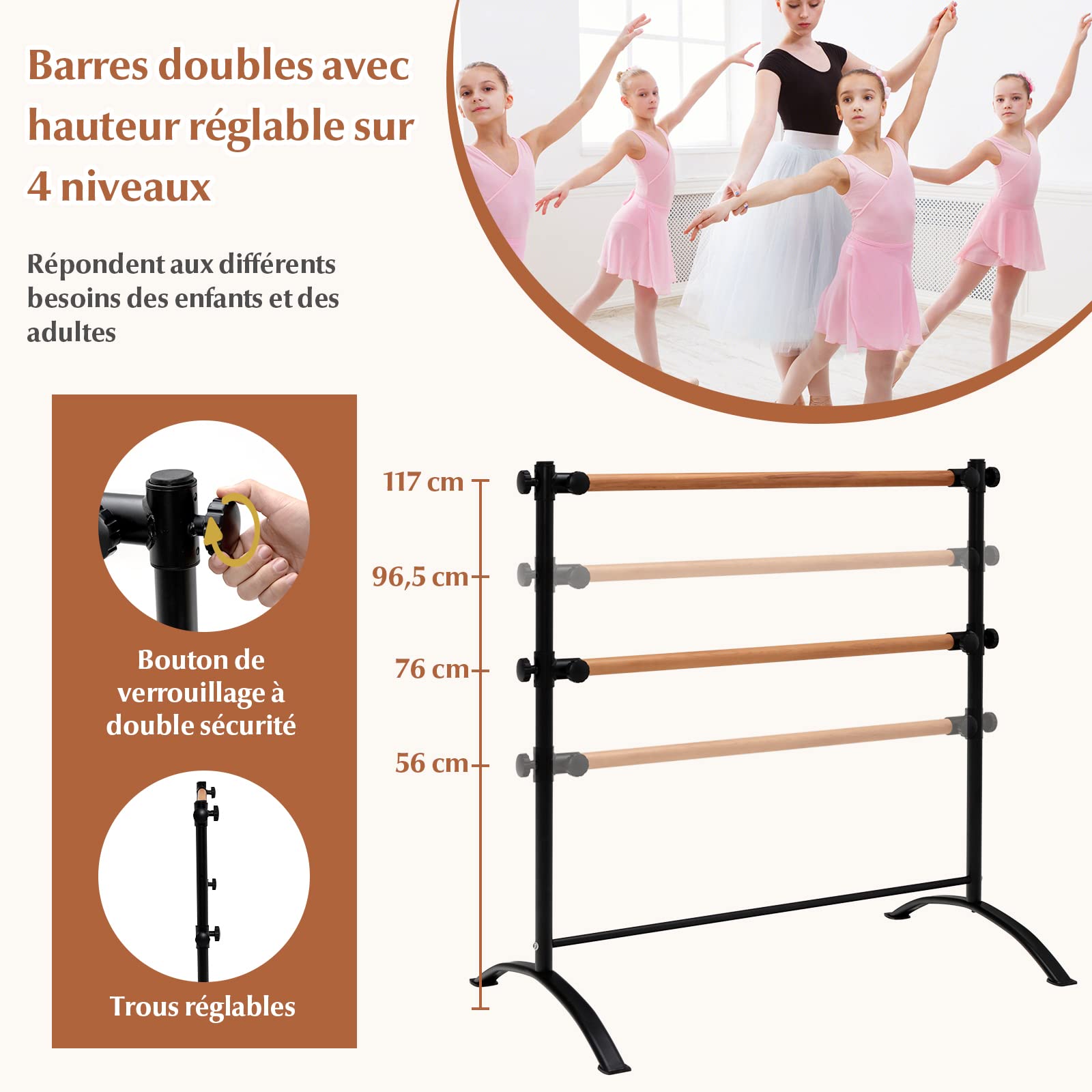 COSTWAY Barre de Danse Classique Double Autoportante pour Enfants Adultes, Barre de Ballet sur Pied 120 cm Hauteur Réglable Ø 38 mm en Bois de Hêtre Pose Libre pour Yoga, Exercice