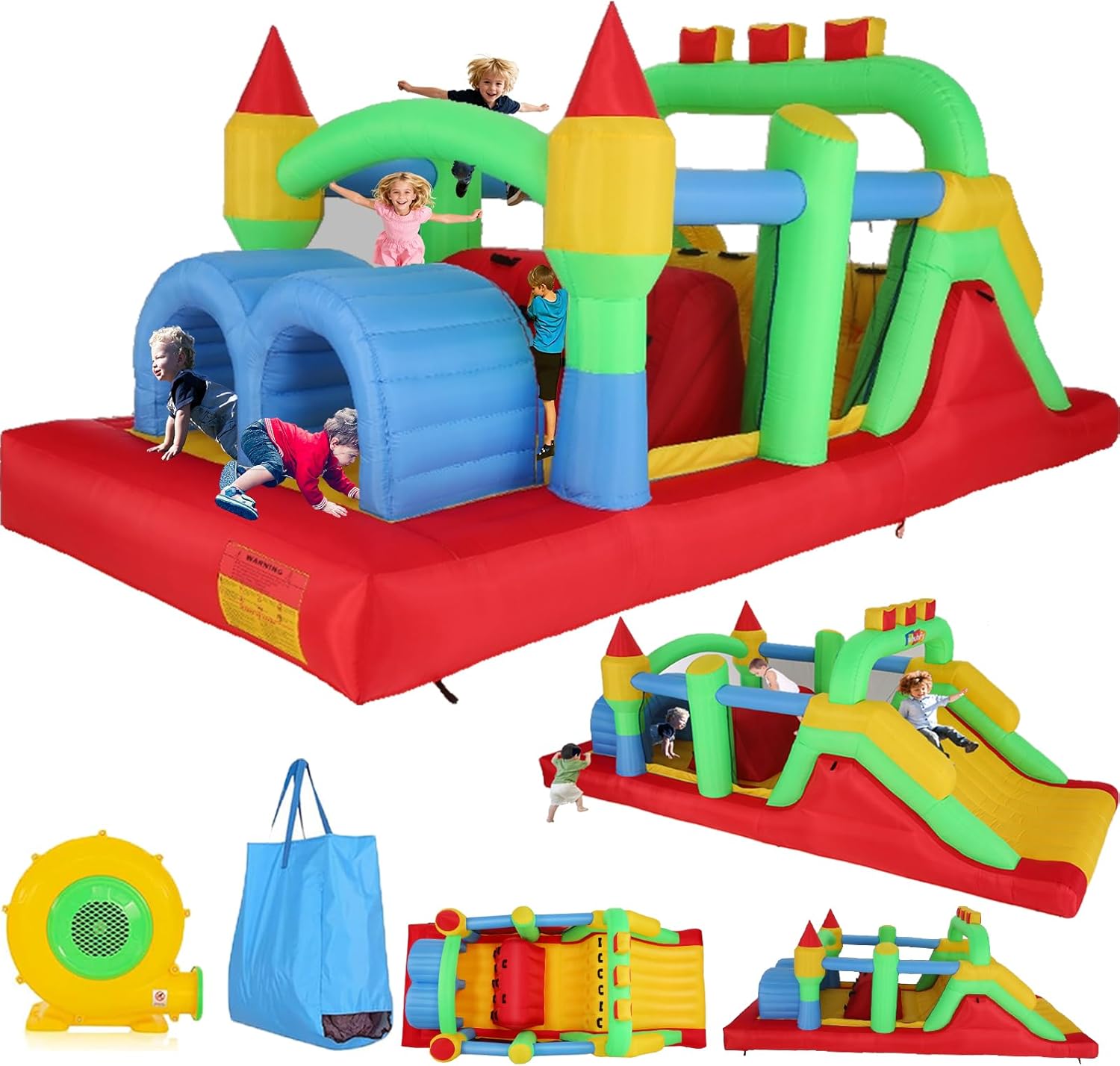 Whubefy Inflatable Bounce House, 18FT Giant Obstacle Course for Kids Racing Castle w/Tunnel, Climb Wall, Jump Zone & Jumbo Slide, Bouncy Castle w/680W Blower, Passed 400Lbs Load-Bearing Test