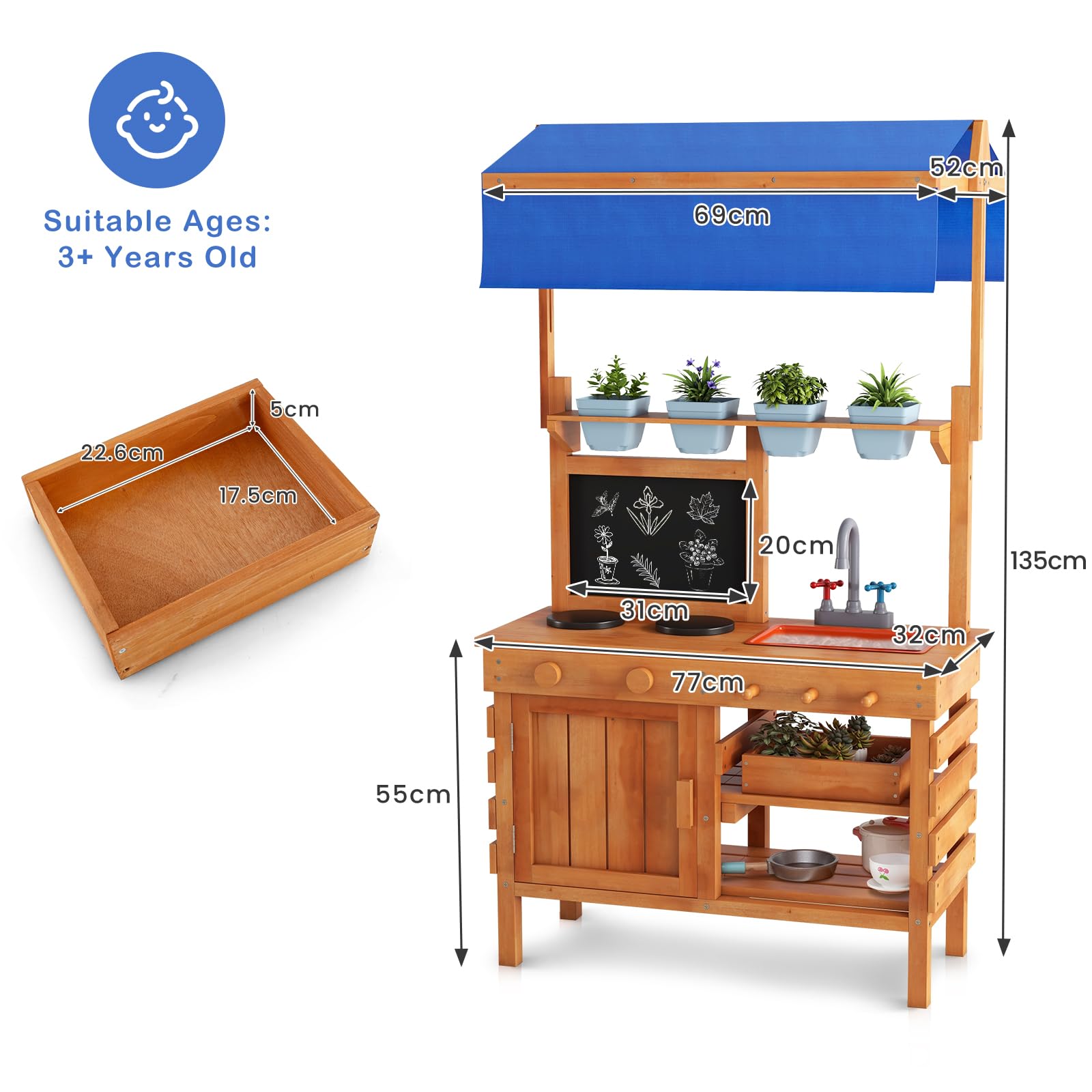 HOMASIS Matschküche Kinder Outdoor, Gartenspielküche Holz mit 7 Zubehör, Kinderküche mit abnehmbarem Waschbecken Herd Tafel 4 Blumentöpfen, Outdoorküche Gartenküche für Kinder ab 3 Jahren, Natur