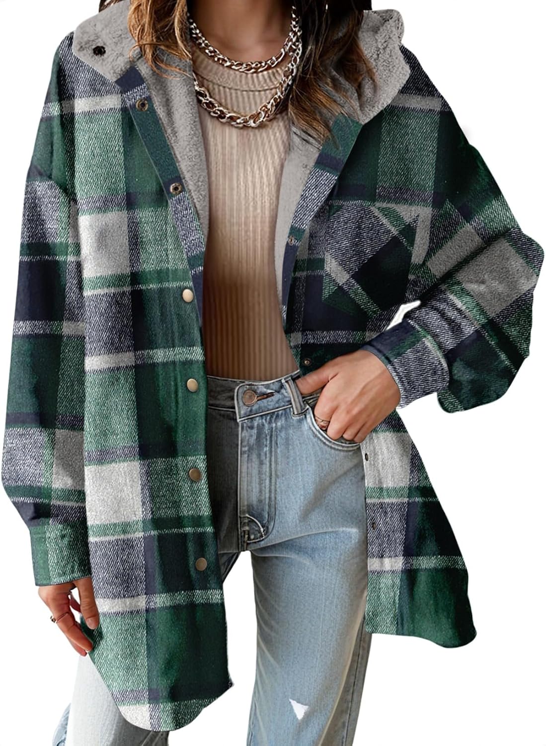 Dokotoo Women's Flannel Hooded Plaid 2026 Shacket Thick Coat Winter Coat for Warmth Button down Warm and Fuzzy Fleece Jacket