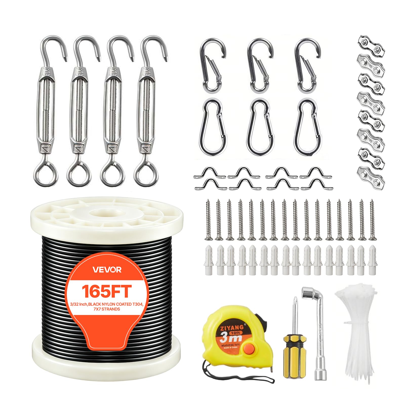 VEVOR Câble Acier Inoxydable 2,38 mm x 50,3 m Cable Inox 304 Kit Fil Tressé Inox Enduit PVC pour Garde-corps Terrasse, Treillis de Jardin, Guirlandes Lumineuses, Résistance à Rupture 2 kN, 7x7 Brins