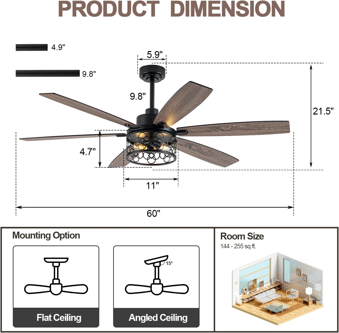 60 Inch Farmhouse Ceiling Fan with Light Industrial Ceiling Fan Rustic Caged Chandelier Fan for Living Room Bedroom Patio