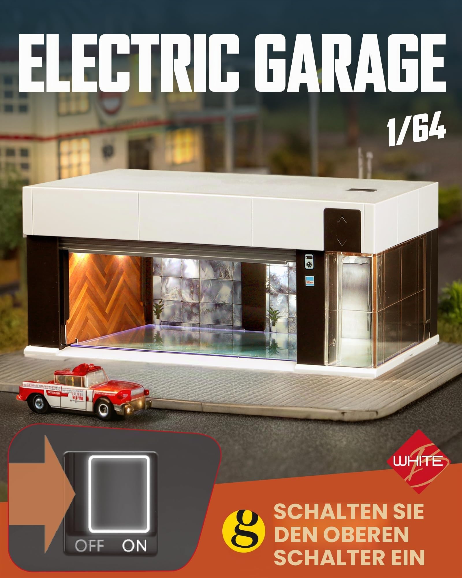 1/64 Maßstab Druckguss-Vitrine für Hot Wheel-Aufbewahrung mit LED-Lichtern, stapelbare elektrische Garage mit Sprachsteuerung, 3 austauschbare 3D-Szenen-Parkplatz-Diorama für Modellautos