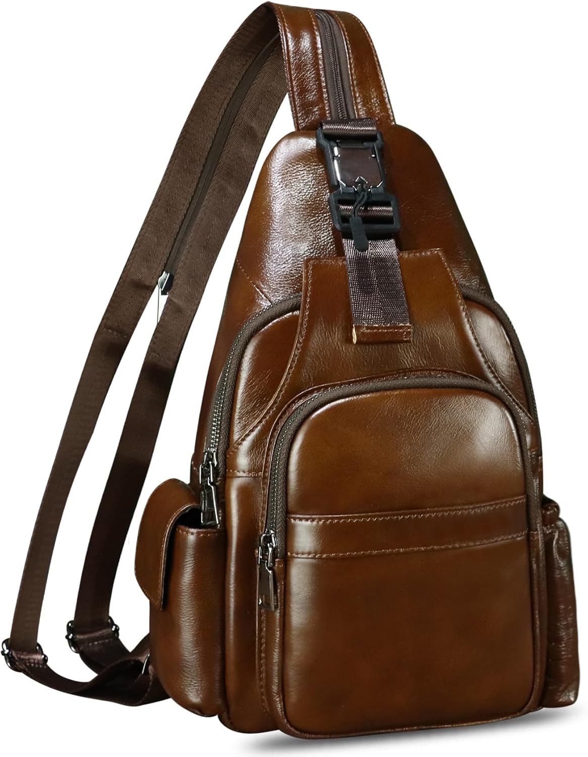LRTO Genuine Leather Sling Bag for Men and Women Handmade Sling Backpack Purse Over Shoulder Crossbody Bag Large Capacity (Light Coffee)