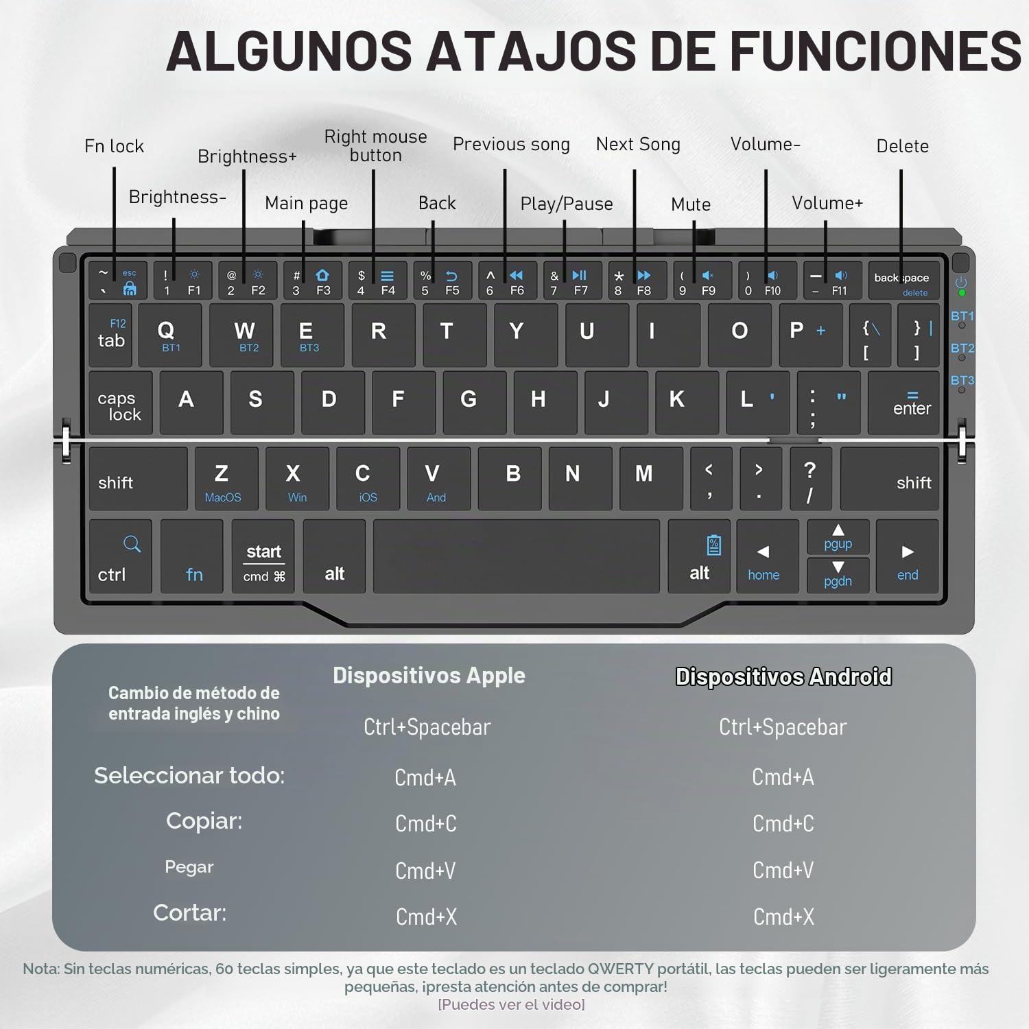 Inalambrico Plegable con Soporte, Teclado Bluetooth QWERTY Portatil para Viajes, Teclado para iPad/Ordenador portátil/Tableta/Smart TV, Compatible con Windows, iOS, Mac OS, Android (Negro)