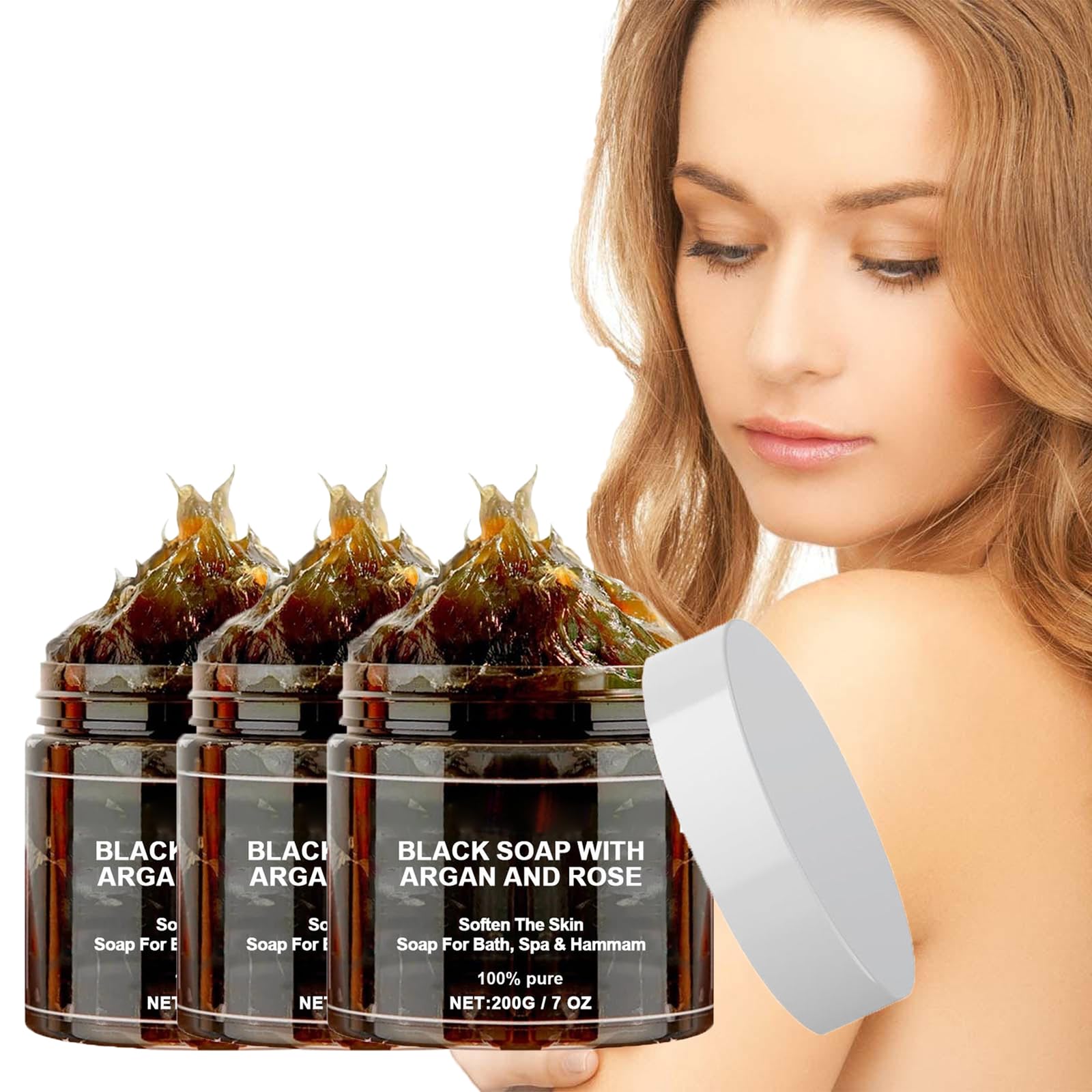 Morocco Black Soap with Argan and Rose, 100% Organic Moroccan Body Exfoliating Scrub - 200 g (3 Pieces)