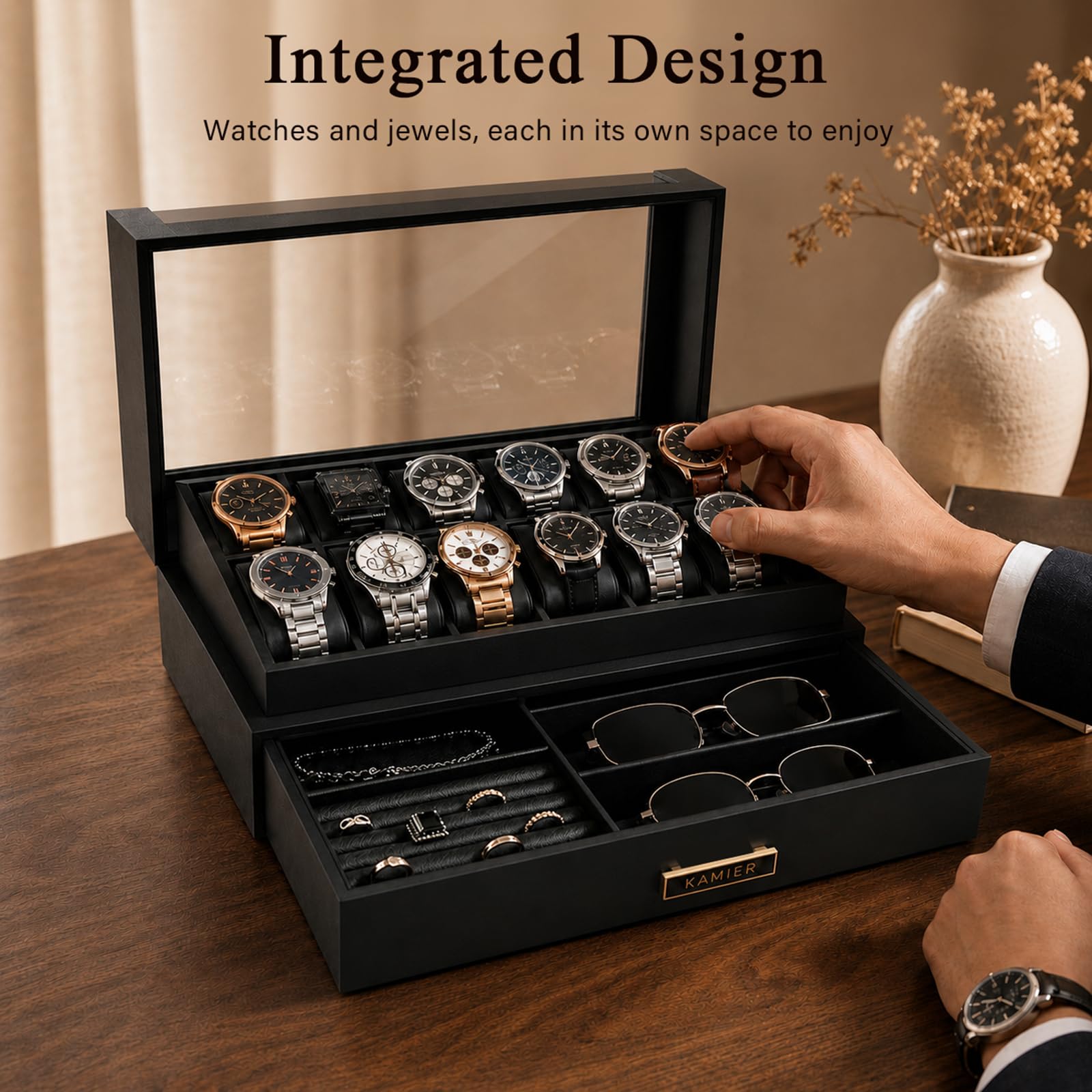 KAMIER Boîte à montres à 12 fentes,Boîte à montres en bois à deux étages pour hommes avec porte-montre et tiroir,Noir