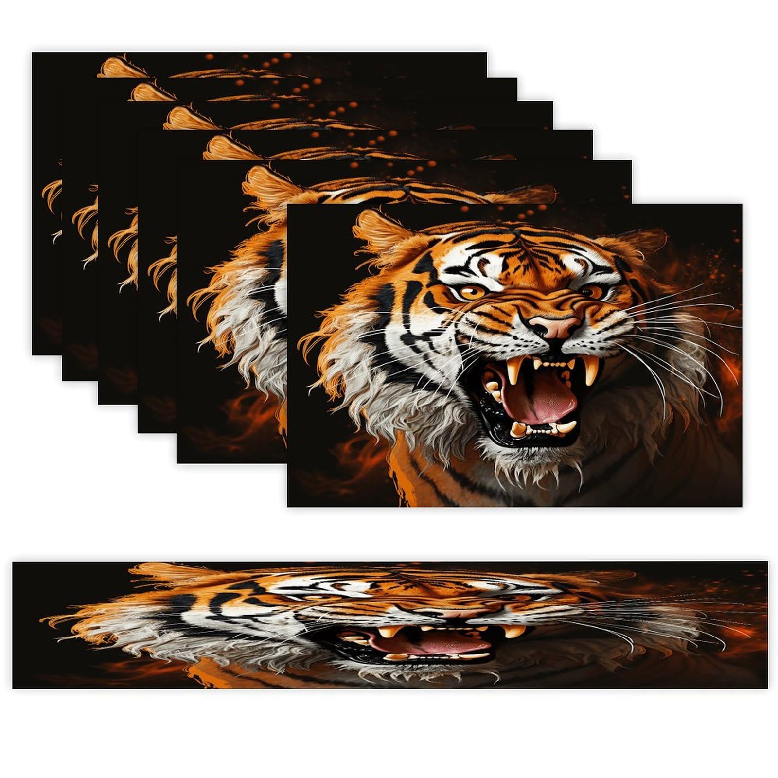 Roaring Tiger Table Runner and Placemats of 6 Washable Heat Resistant Place Mats with Table Runner Vintage Holiday Table Mat Set for Holiday Party Kitchen Dining Deco