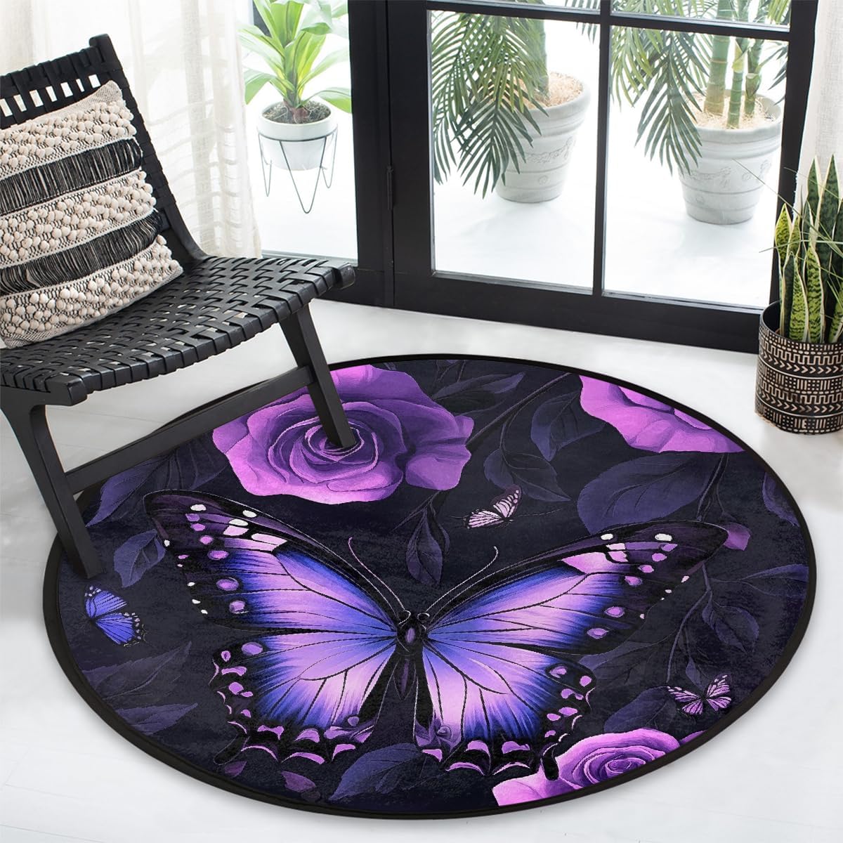 Round Area Rug 3Ft Washable Rug Purple Rose Butterfly Floor Mats Non-Slip Chair Mat Ultra-Thin Carpet for Bedroom Living Room, Home Decor