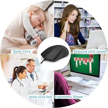 RAPOO Silent Wired Mouse، 1000 DPI 5ft Cord Quiet Button Optical Computer Mouse، Left Right Use، Laptop Chromebook Mac Notebook، Matte Black