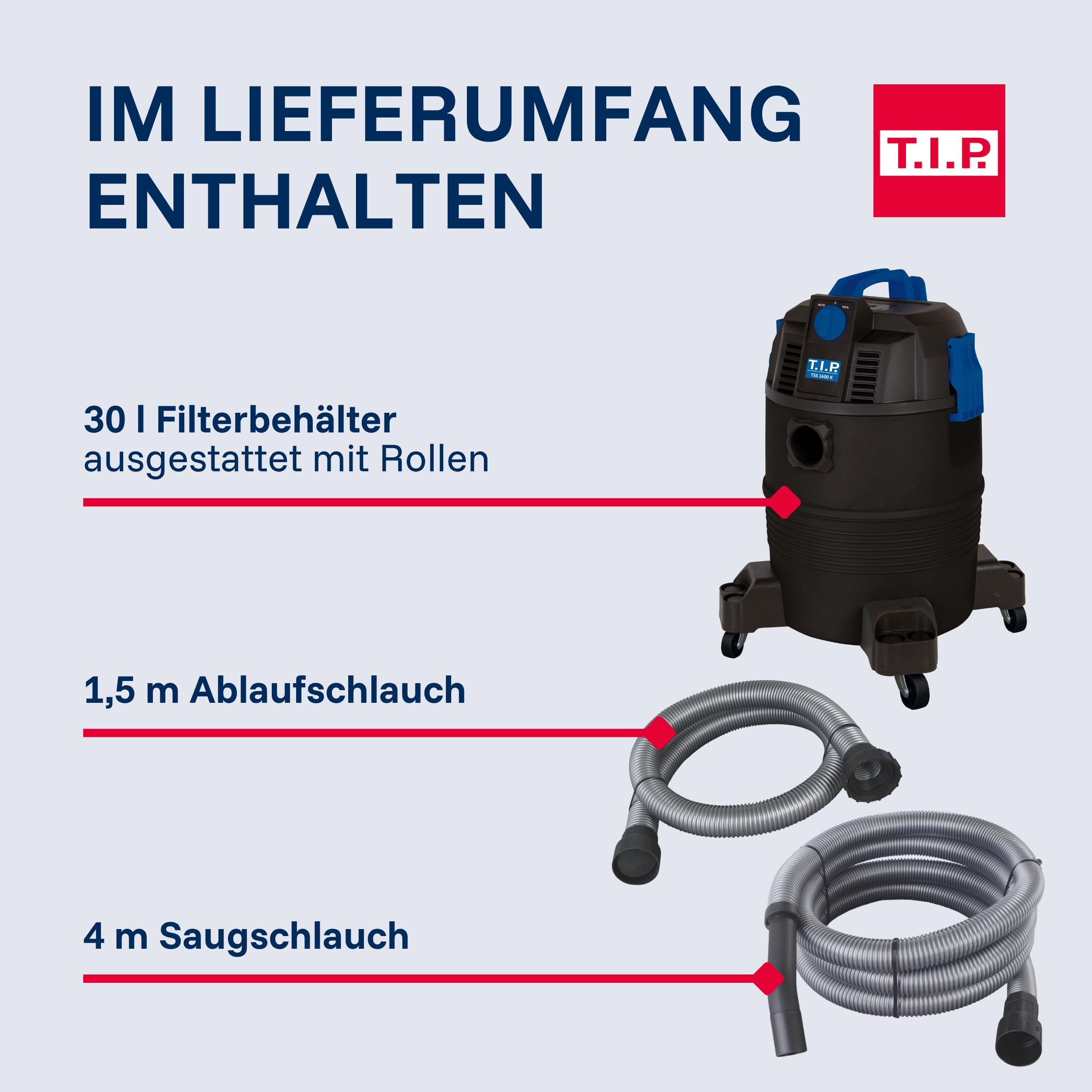 T.I.P. Teichschlammsauger - Poolsauger (Tankvolumen 30 l, Saugrohr 2m – vierteilig – 2X transparent, Flachdüse für Teichschlamm, Grobfilter und Schmutzauffangsack, Rückschlagkappe) TSS 1600 K, 30519