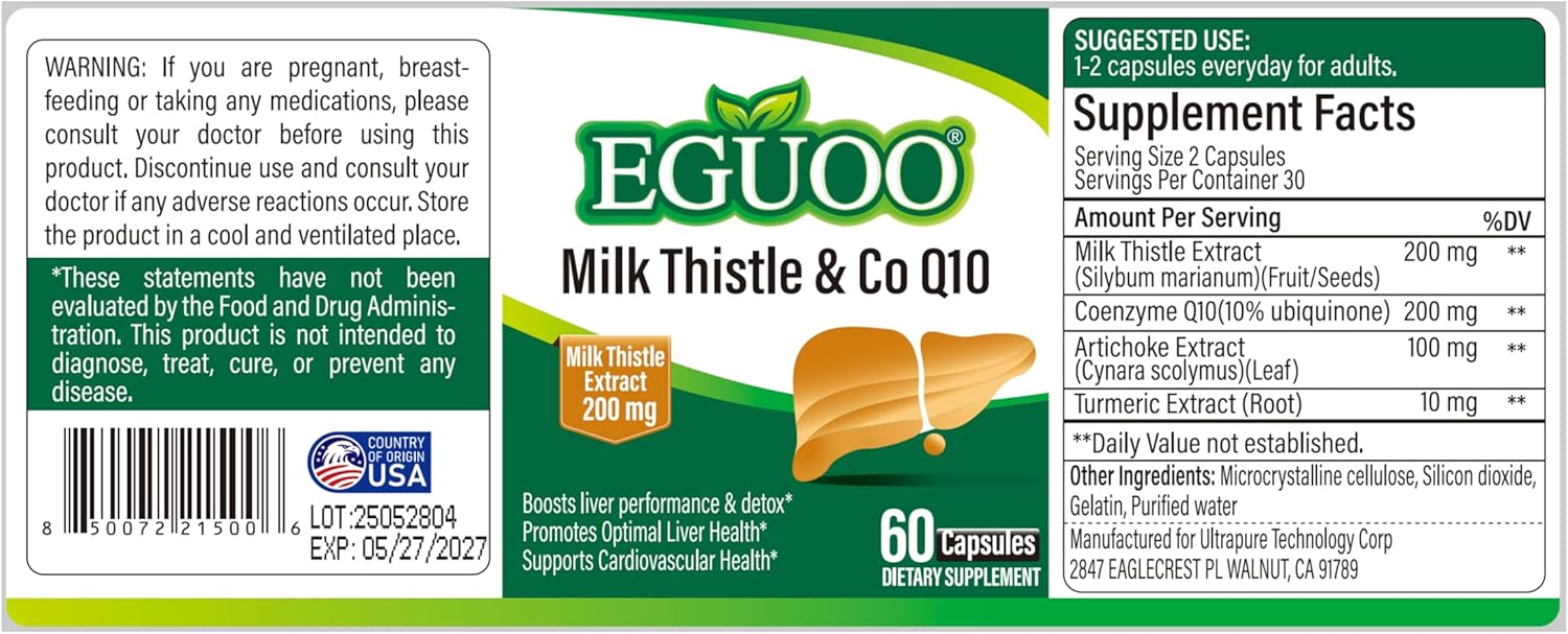 Milk Thistle & CoQ10 Dietary Supplement – with Artichoke, Curcumin, Coenzyme Q10 – 200mg Milk Thistle per Serving (6000mg per Bottle) – for Healthy Liver Function – 60 Capsules