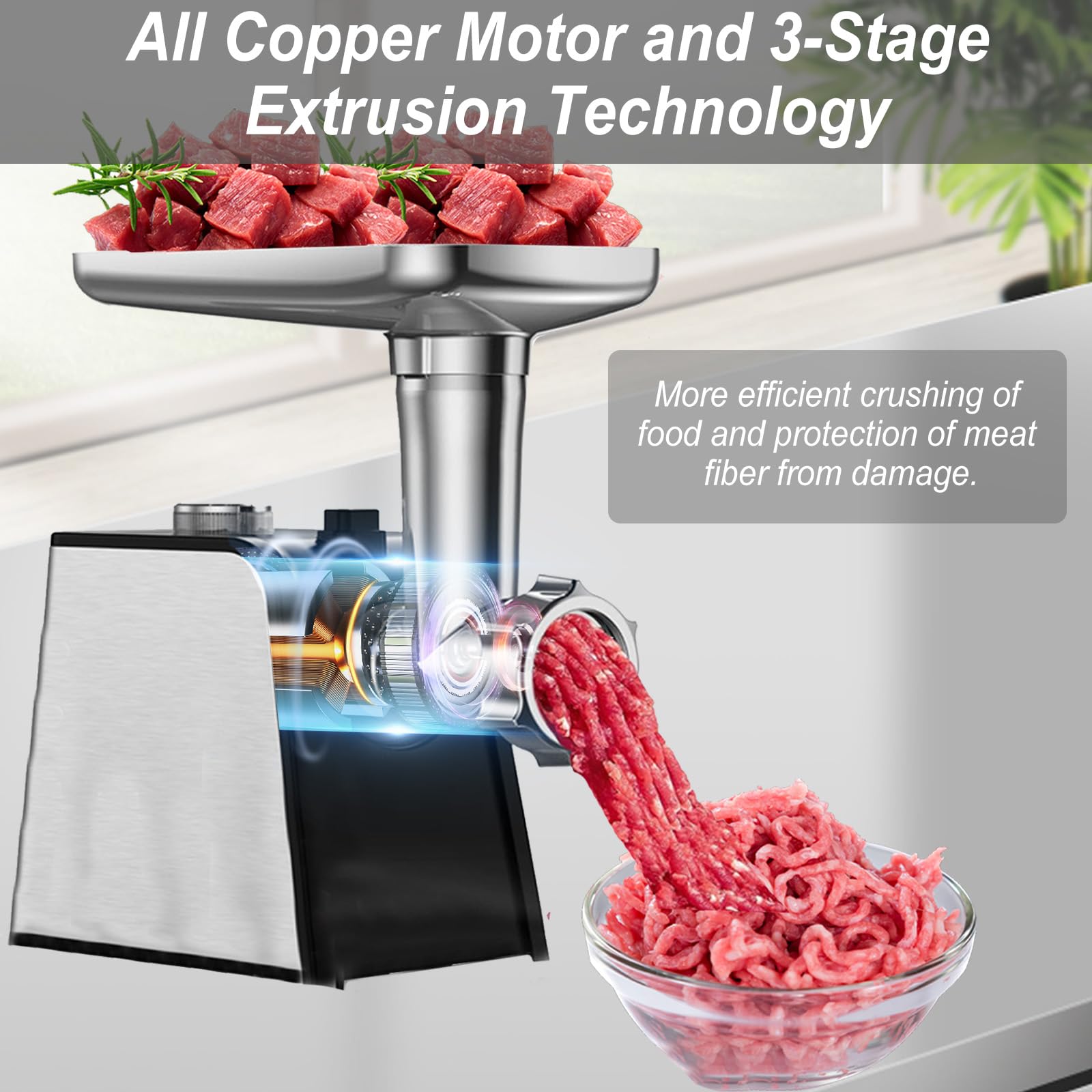 3 en 1 Picadora de Carne Eléctrica, Maquina de Picar Carne con 2 Cuchillas de Acero Inoxidable, 3 Placas de Molienda y Accesorio para Embutir Salchichas Kubbe, para Carne Picada, Salchichas