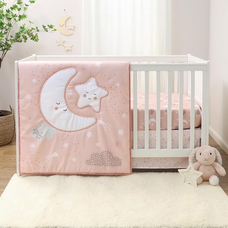 New Moon Juego de ropa de cama para cuna de 3 piezas para niña, edredón, sábana y pollera de color rosa para guardería, juego de cama para cuna para recién nacidos y niños pequeños