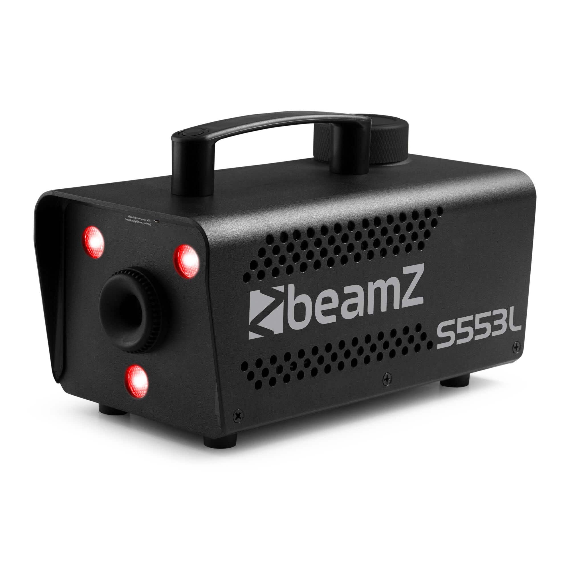 BeamZ S553L máquina de humo 550W con LEDs RGB y efecto estroboscópico, lista en 2,5 min, salida 50 m³/min, incluye 2L de líquido, compacta y portátil para fiestas y eventos