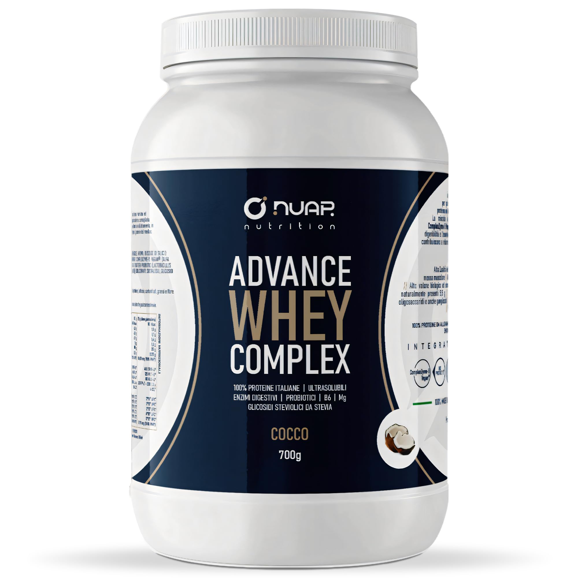 NUAP Advance Whey Complex Proteine Whey in Polvere, 700 g, 20 g di Proteine per Dose, con ComplexZyme-5 Vegan® e BioProtect-5®, Vitamina B6 e Magnesio (Cocco)