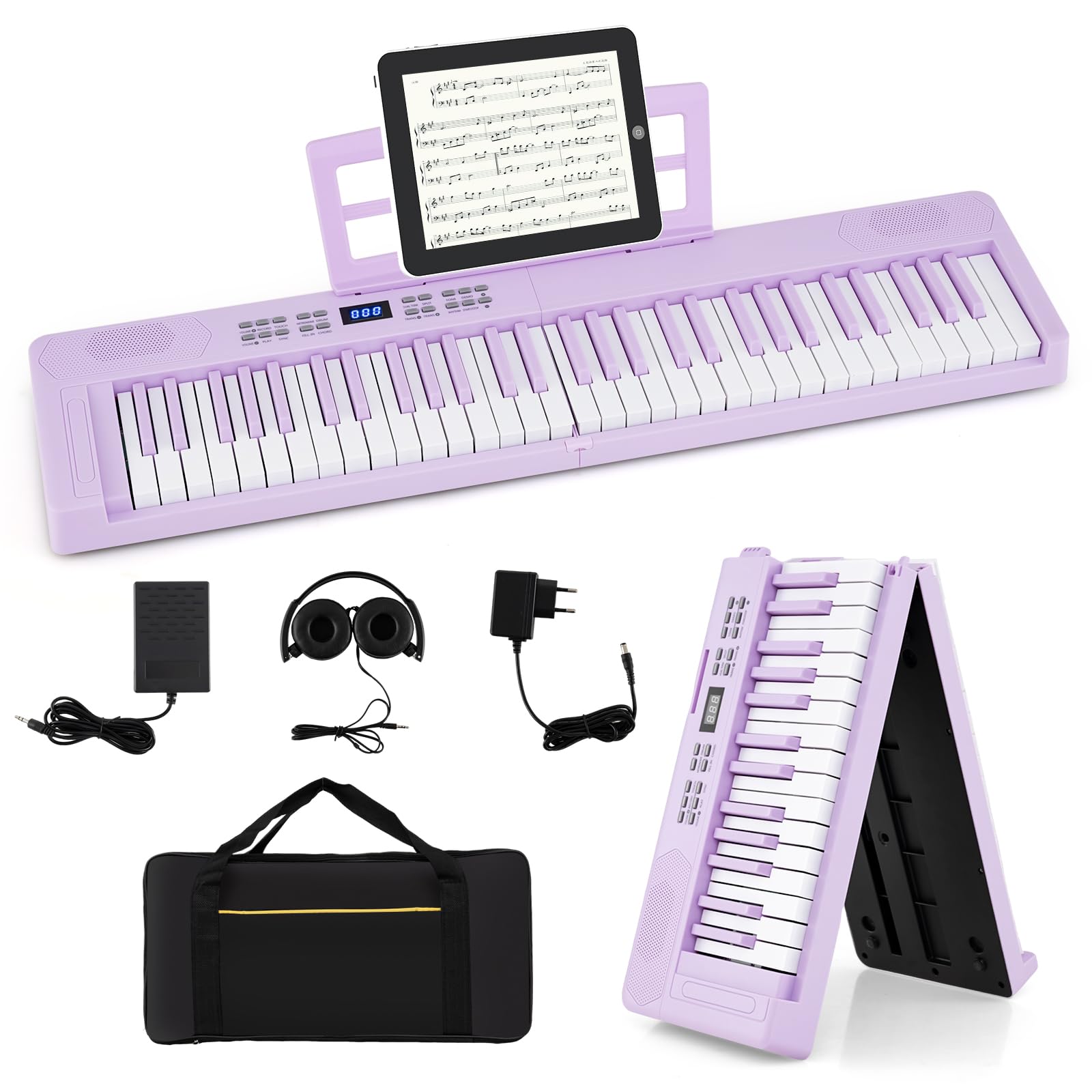 COSTWAY Piano Numérique 61 Touches Pliable avec Casque, Pupitre, Clavier Piano Taille Complète avec Haut-Parleurs, Pédale de Sustain, Fonction MIDI, 128 Sons 128 Rythmes pour Débutants (Violet)