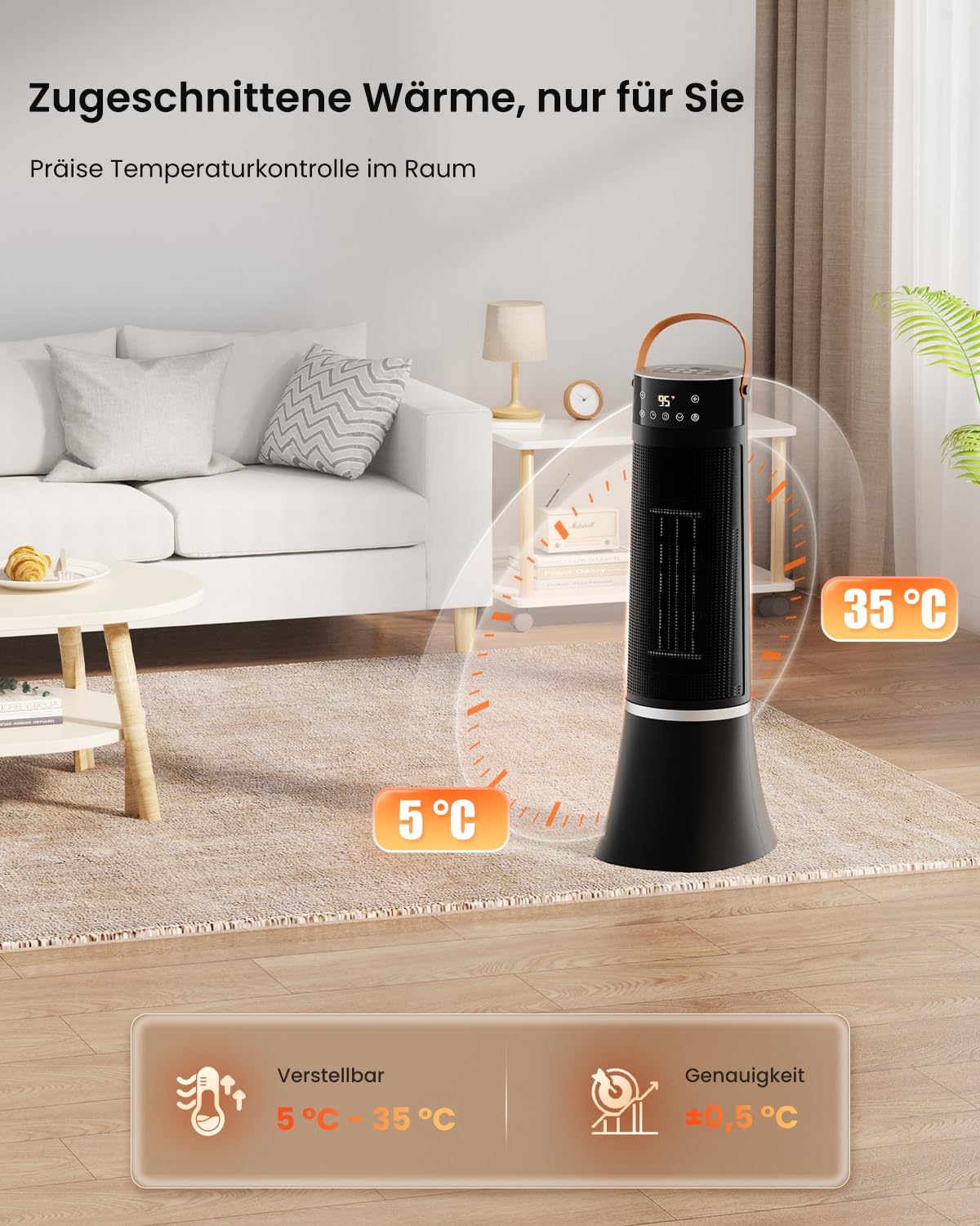 Heizlüfter Energiesparend, 2000W Klein Heizung Elektrisch mit Fernbedienung, Thermostat, 12h Timer, 3 Modus, Heater Überhitzungs Und Kippschutz, 75° Oszillation, PTC Keramik Elektroheizung (C)