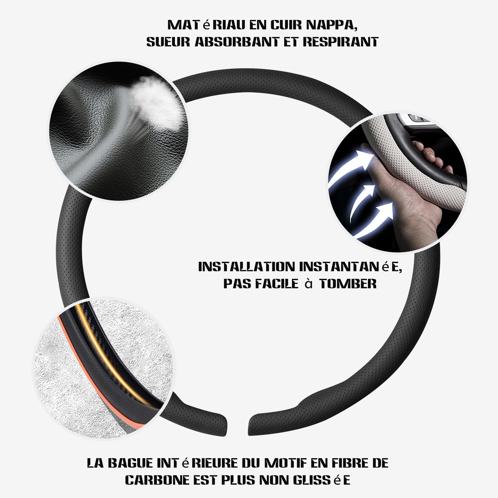 Ergocar Housse De Volant Cuir Respirante Doublure Antidérapante en Fibre Carbone 15 Pouces (38 Centimètres) Accessoire d'Intérieur pour Voiture Convient à La Plupart des Véhicules