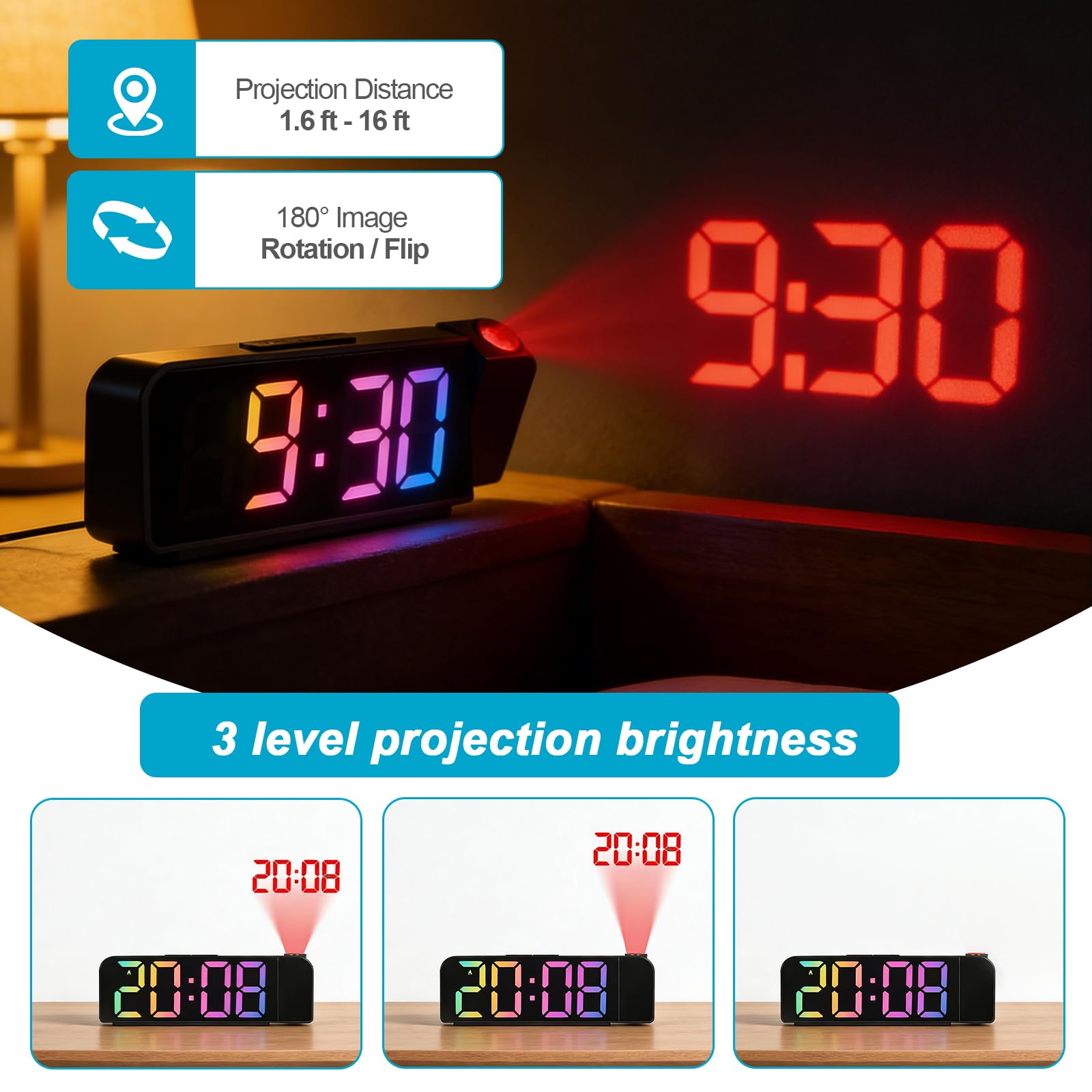 Reloj Despertador de Proyección Digital 180°, Pantalla LED Grande con Temperatura, 4 Niveles de Brillo, Alimentación por USB, para Dormitorio, Oficina, Niños y Ancianos（Negro）