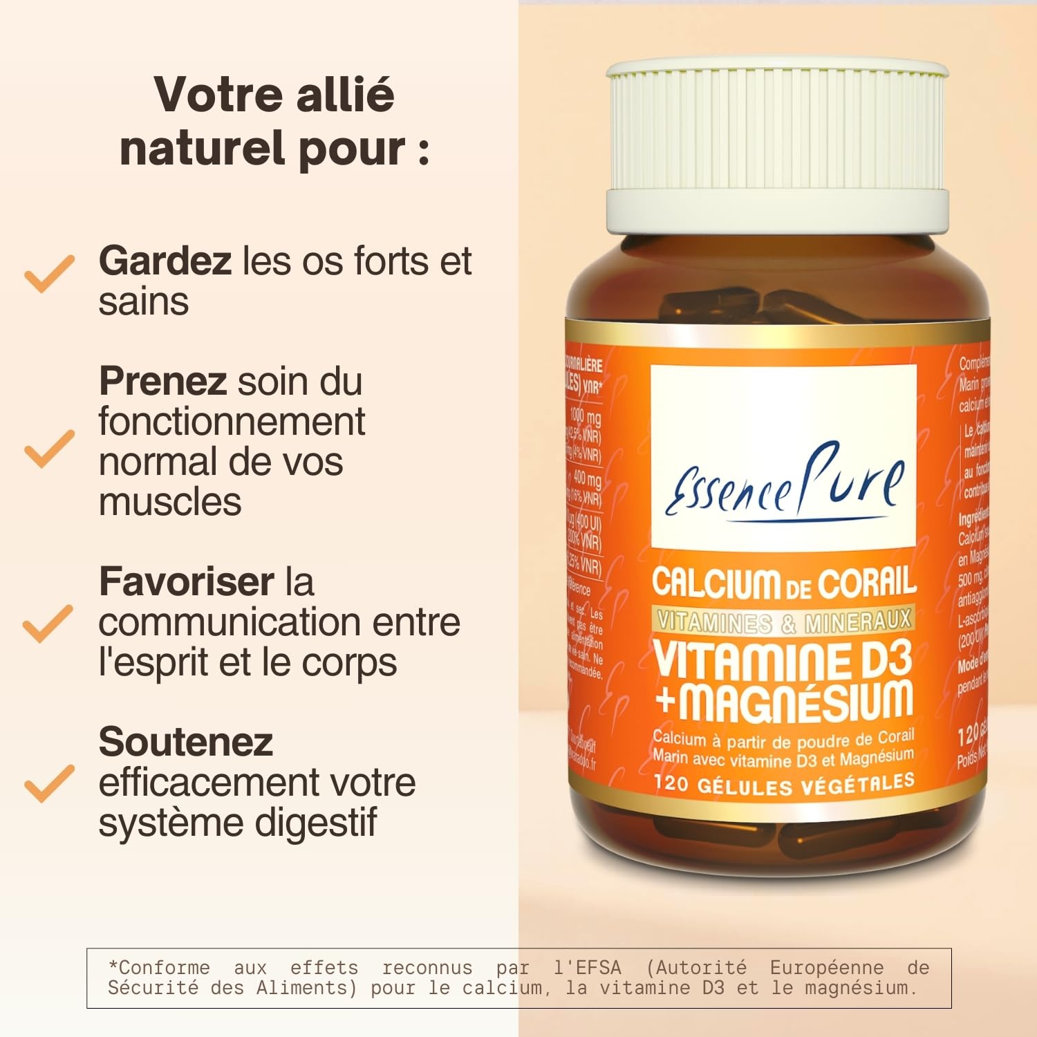 Calcium Vitamine D Essence Pure | Calcium de Corail Marin (1000 mg) + Vitamine D3 (400 UI) + Citrate de Magnésium (400 mg) | Os et Articulations Solides | 120 Gélules 2 Mois | Api-Nature