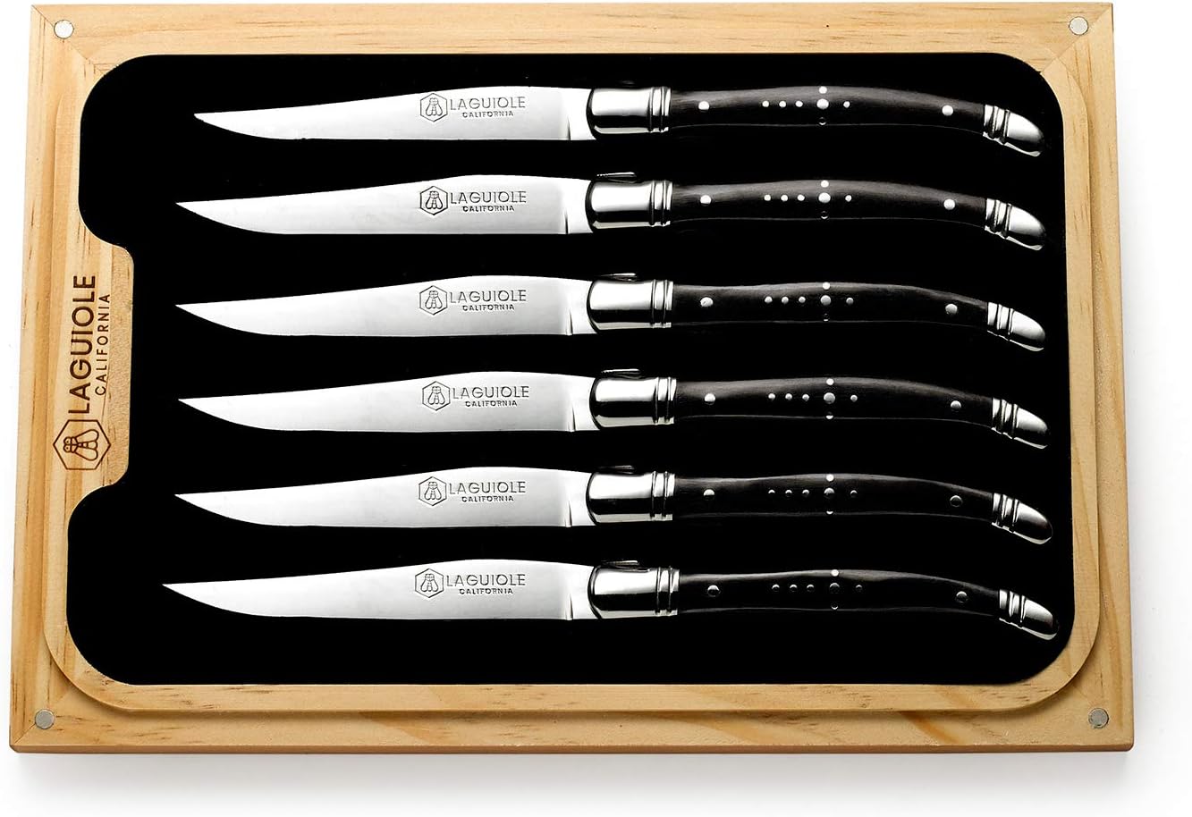 Steak Knives - 6 Piece Blackwood Set - Ergonomic Handles - Stored in a California Oakwood Gift Box - Extremely Sharp Straight Steel Blades are Thick Gauge, Full Tang