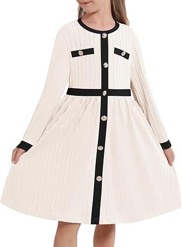 Girls Color Block Long Sleeve Dresses Ribbed Knit Button Front Pleated A-Line Dresses 5-12Y