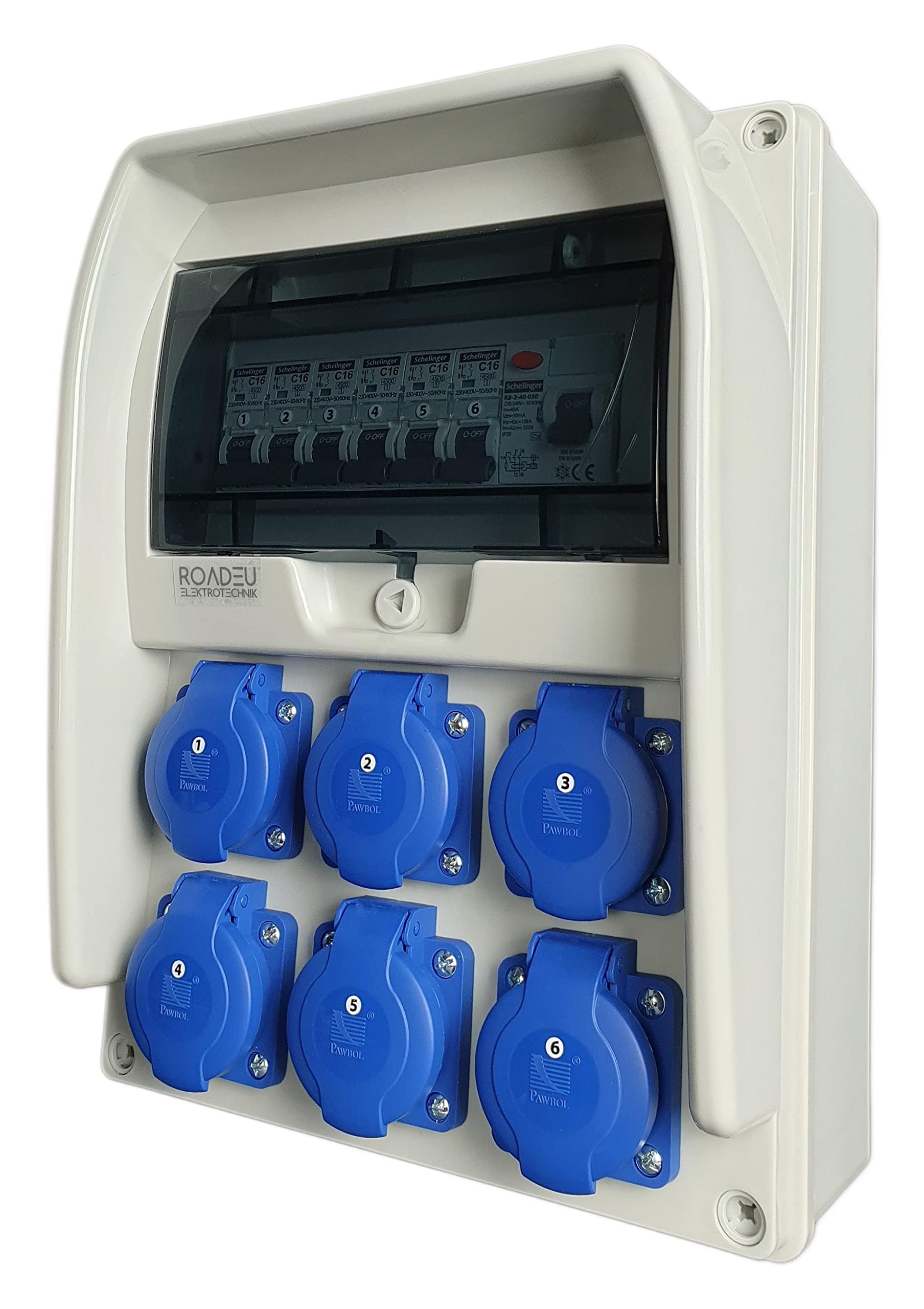 RoadEu - Coffret de chantier 230V - 6x prises avec interrupteur - répartiteur de prises avec disjoncteur différentiel 40A type A/AC - 6x LS C 16A - IP44 idéal pour les ateliers et les usines