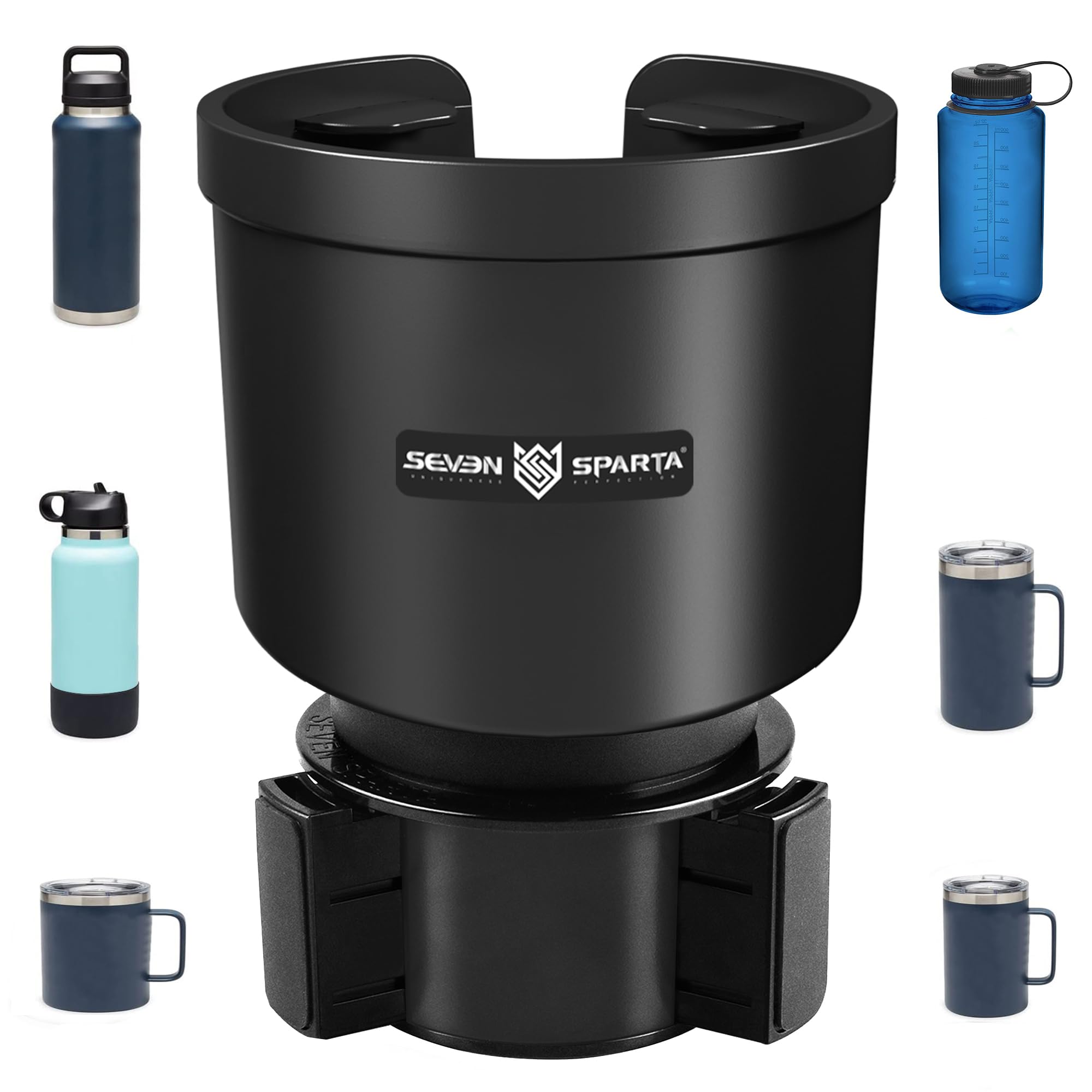 SEVEN SPARTA Car Cup Holder Expander for 32-46oz Large Bottles & Tumblers | Larger Version Fits Yeti 46oz, Hydro Flask & Nalgene, Upgraded Adjustable Offset Base, Fits 3.5"-4" Bottles, Mugs & Tumblers