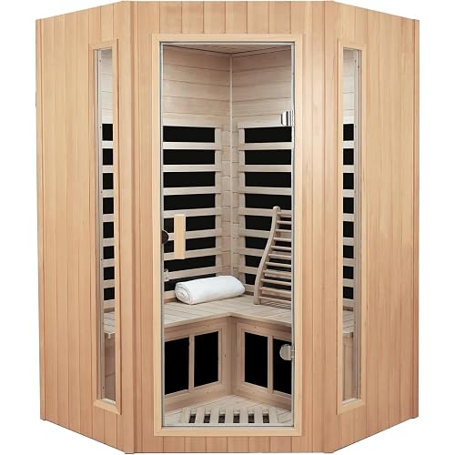 2-3 Person Infrared Sauna Far Infrared Saunas Indoor Home Sauna Spa | Hemlock Wooden Corner Sauna Room, Low EMF Infrared Sauna for Home, Bluetooth Speakers, Reading Lamps