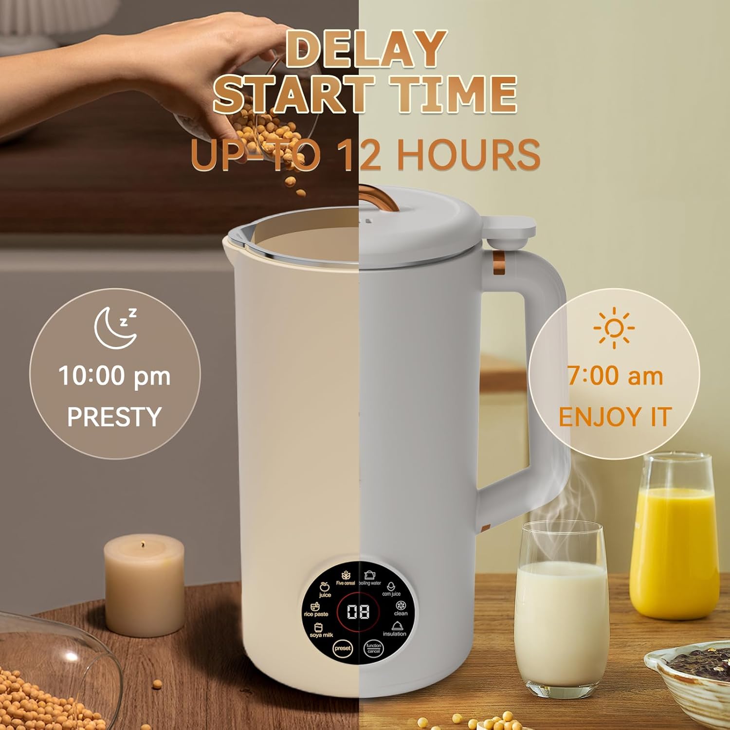 Rkazes Nut Milk Maker Machine illustrating the 12-hour delay start time feature, showing a night setting and a morning result.