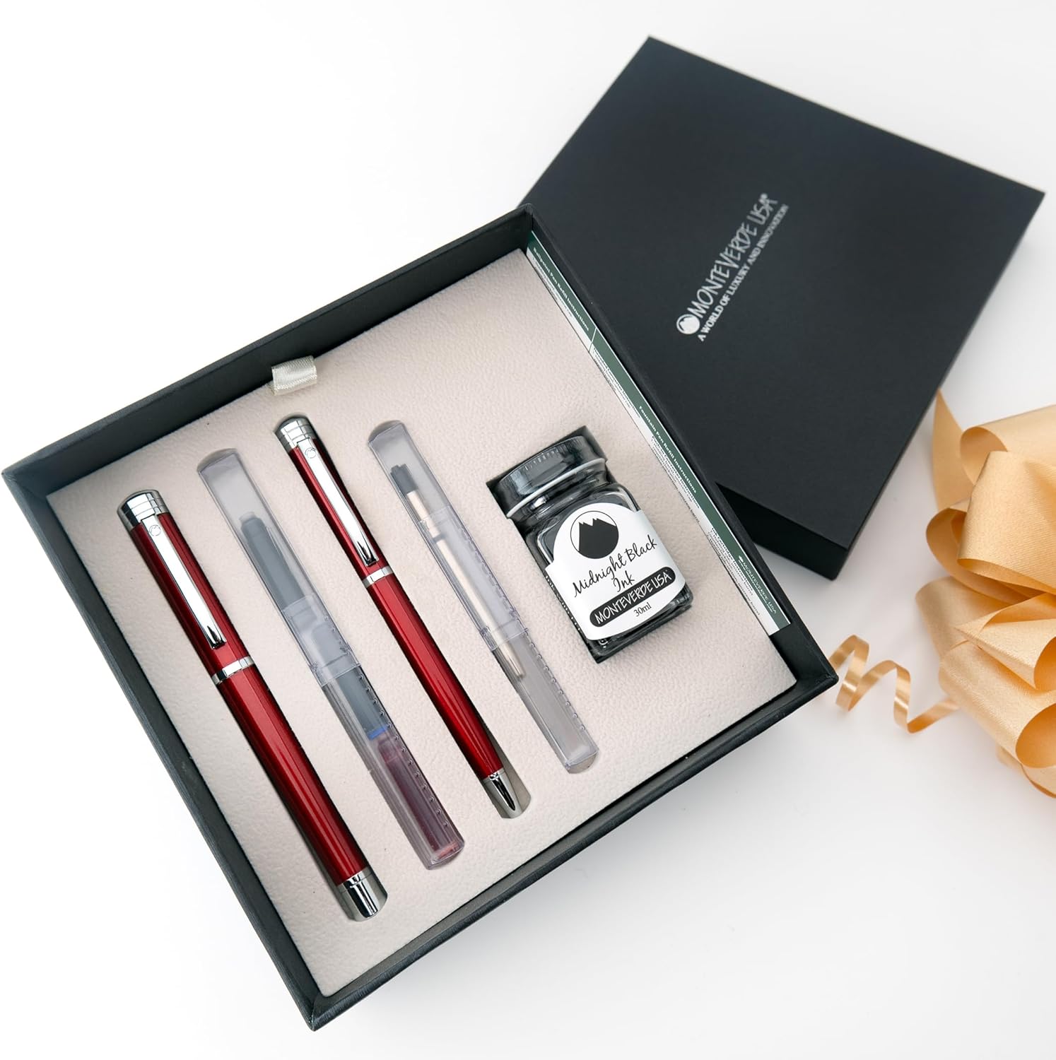 Monteverde USA Strata Fountain Pen, Ball Pen Set Red | Broad Nib | Free Gel Refill, Ink Bottle & 3 Free Cartridges