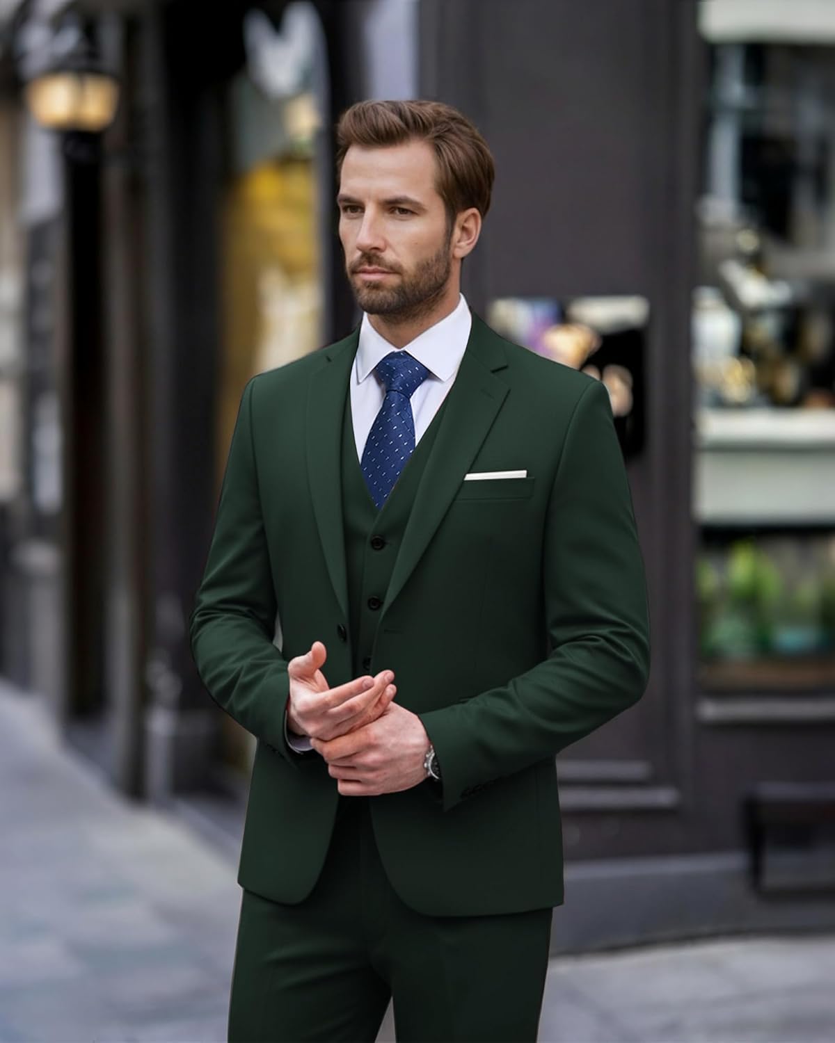 EastSide Men's Slim Fit 3 Pieces , One Button Sets Vest Pants Coat Suit, Deep Green, Large - Image 2