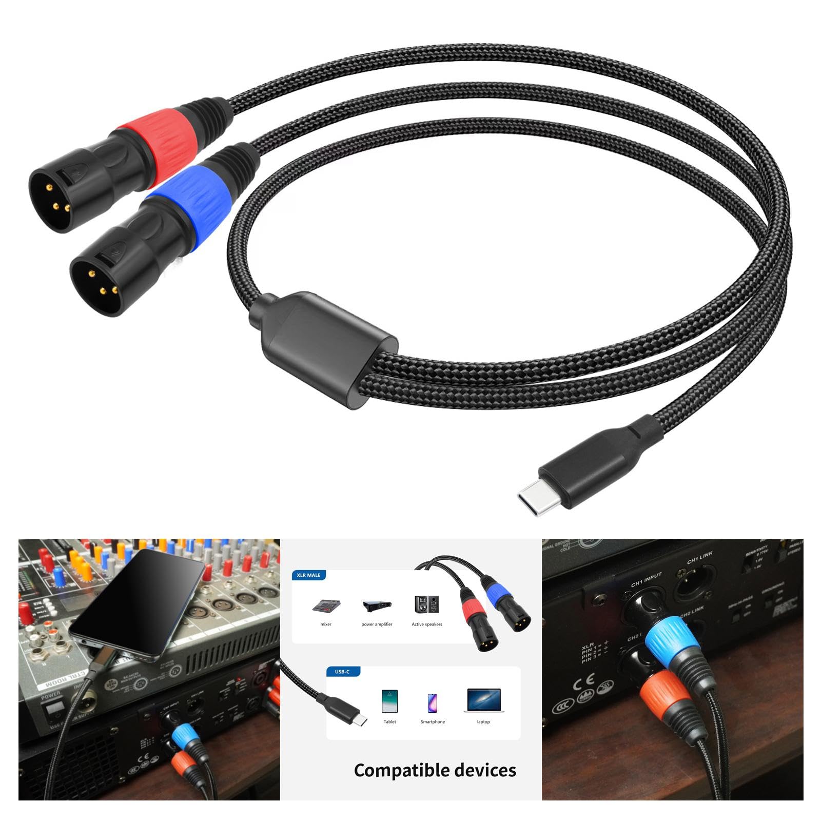 Zestaw 5 kabli typu C na 2 XLR RCA Y Splitter Cord do kina domowego, słuchawek, głośnika, 3 m