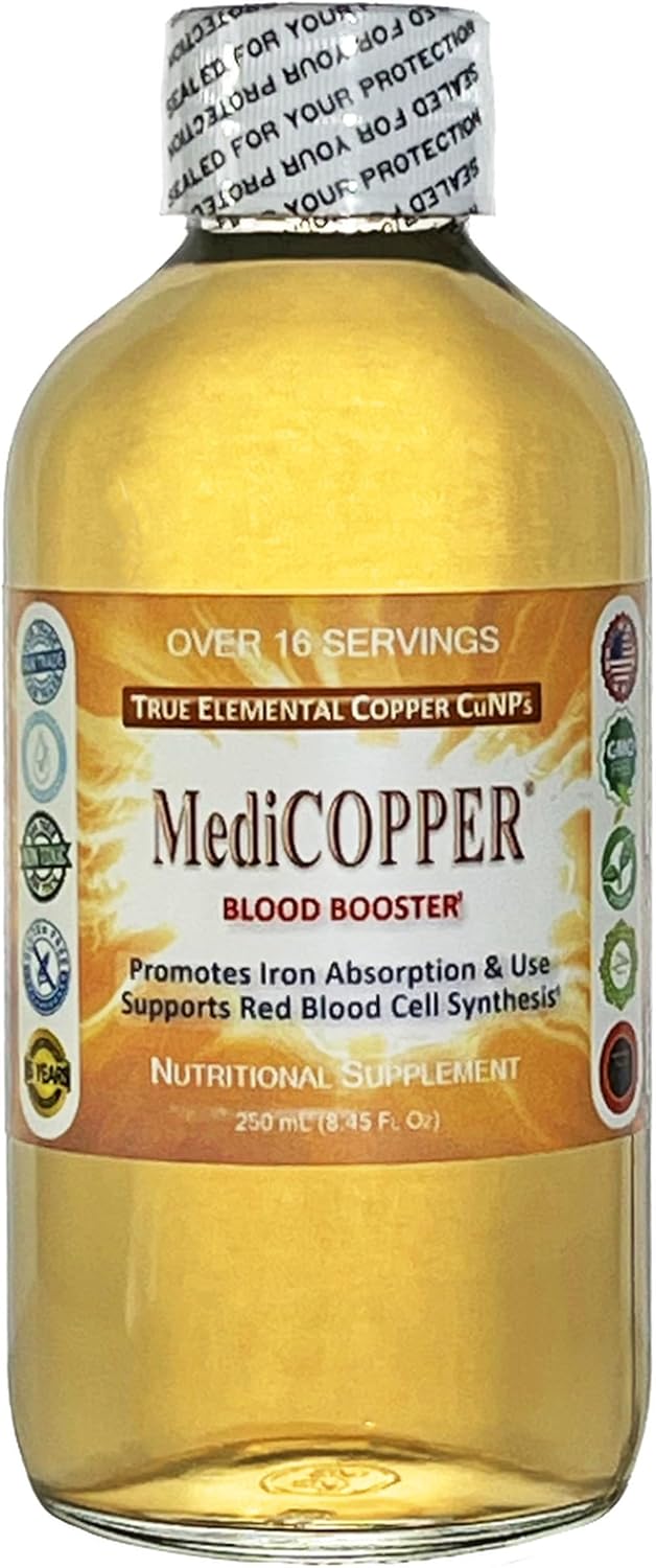 MediCOPPER Blood Booster True Colloidal Copper CuNP Nutrient - 250 mL in Clear Glass Bottle