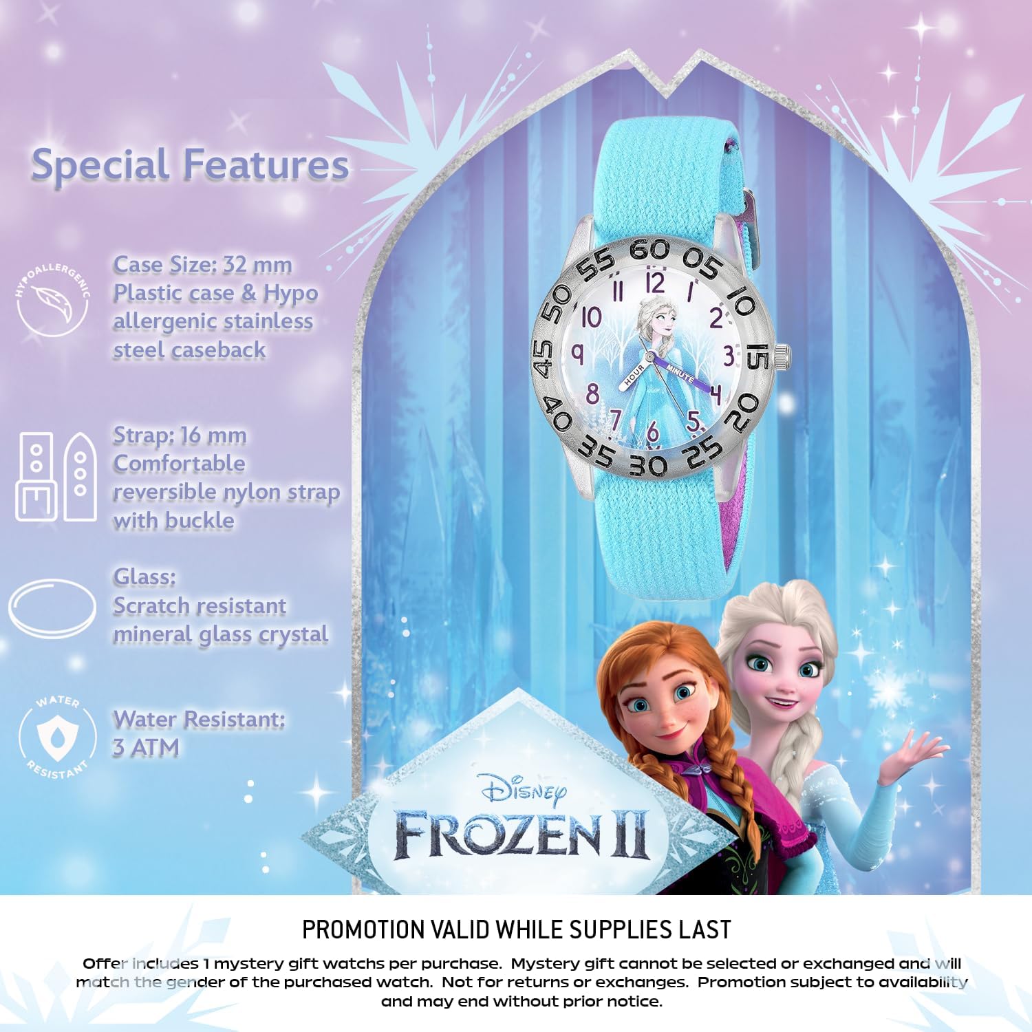 Disney Frozen 2 Watch for Girls 4–7 – Princess Featuring Character Dial – Gift for Kids – Clear Bezel and Blue-Purple Nylon Strap with Velcro Closure - Buy and GET 1 Free Mystery Watch