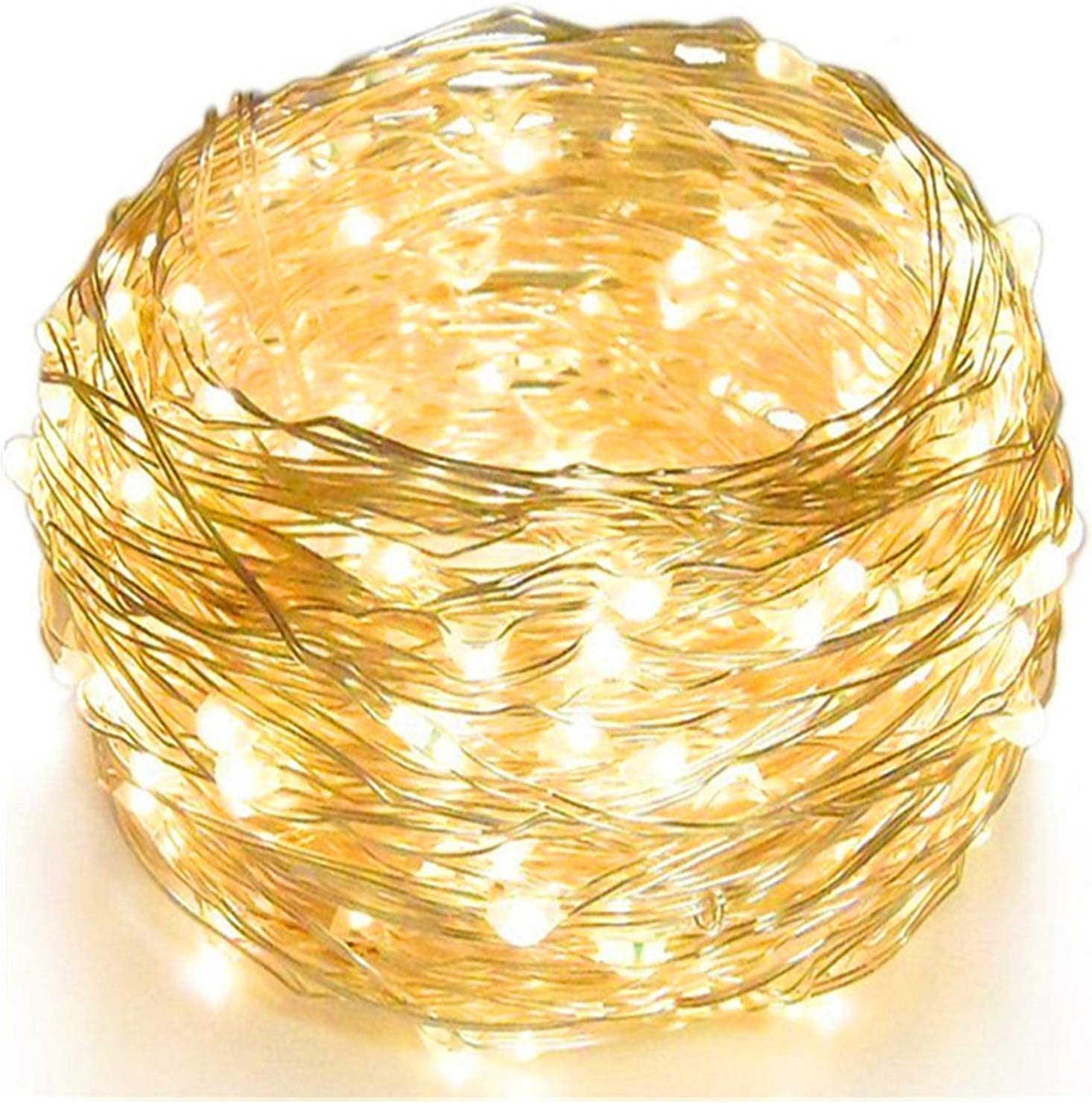 HUAXIYAN 33FT 100 LED Silver Wire String Lights, Warm White, Battery Operated, Indoor/Outdoor, LED, 33ft Length, 100 LED, Silver Wire, Warm White Light, Battery Powered, Touch Control, Water Resistant
