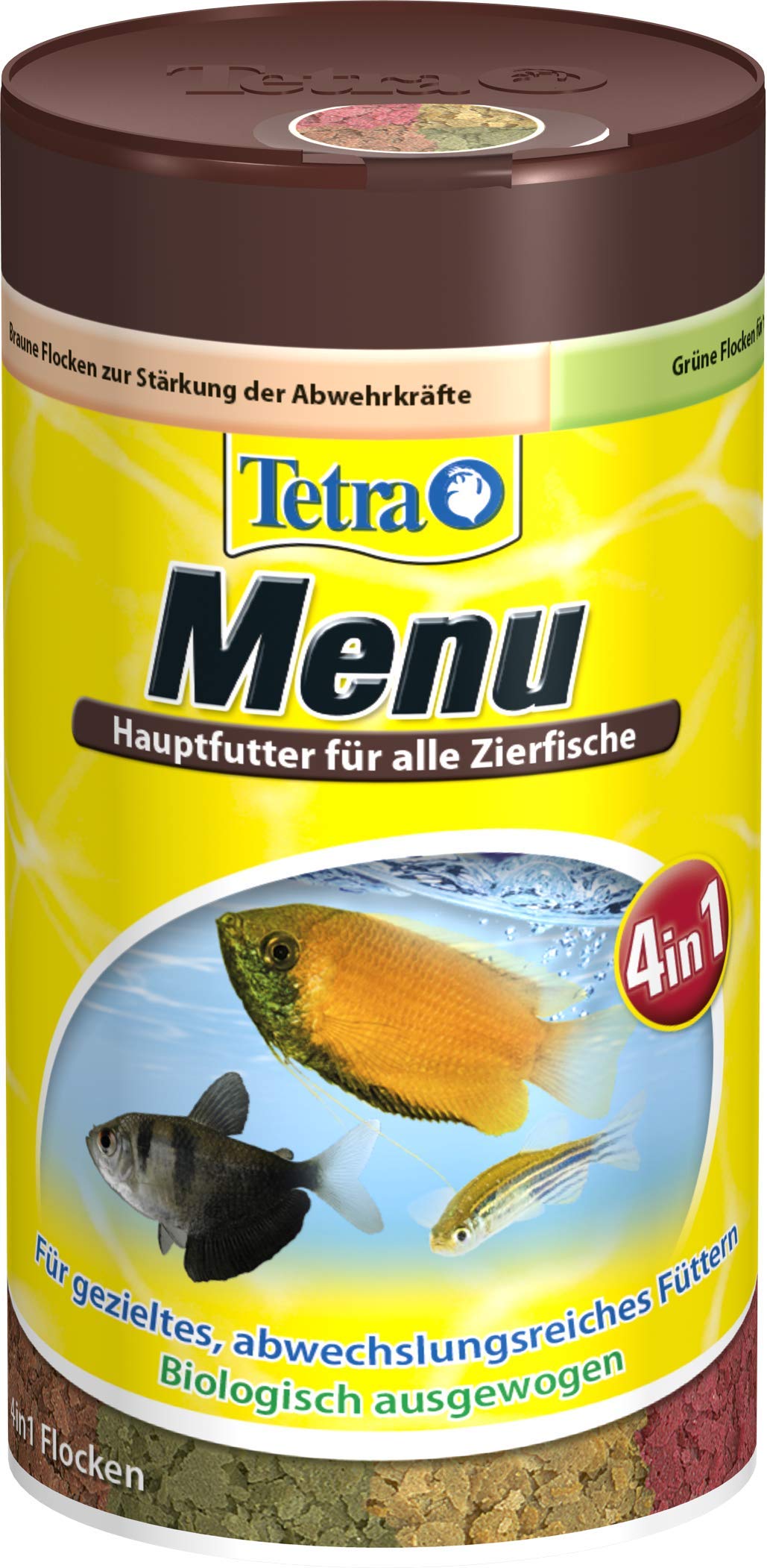 Tetra Min Menu karma dla ryb – główna mieszanka pokarmu z 4 specjalnymi płatkami w oddzielnych komorach, urozmaicona karma dla wszystkich ryb ozdobnych, puszka 100 ml