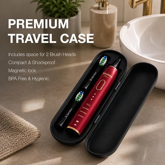 Wagner Stern IntelliBrush Series Whitening Electric Toothbrush with Pressure Sensor. Offers 4 Brushing Modes, 3 intensities, 8 Soft Brush Heads, and a Luxury Travel case.