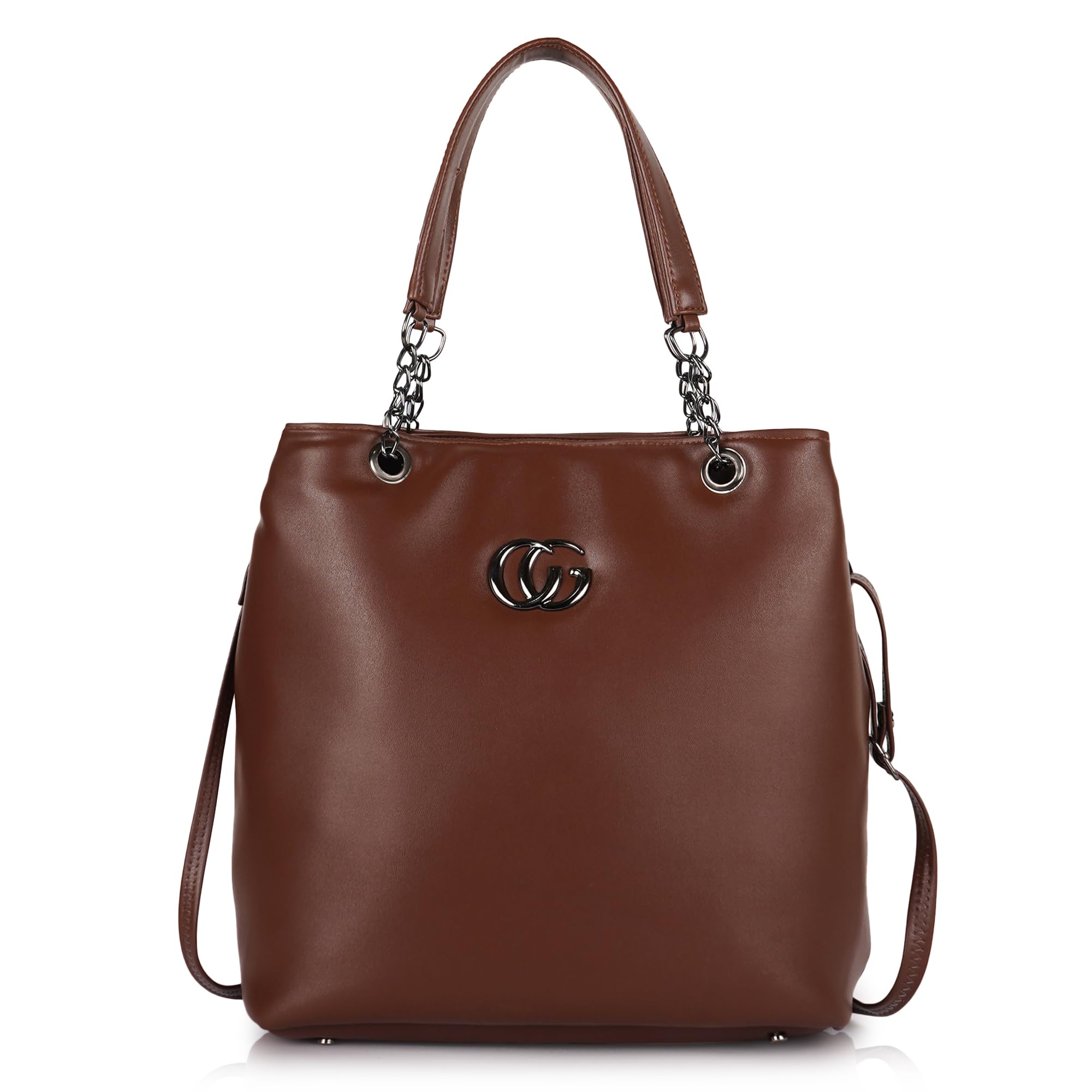 Ladies Faux Leather Shoulder Bag, Brown, Chain Strap, Double G Logo Design, Tote Style-image-48