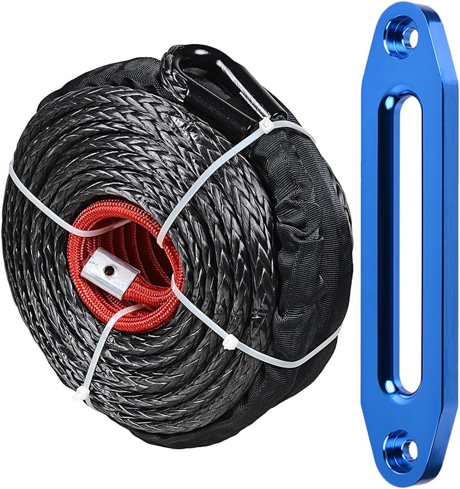 20500lbs Black 3/8" x 95ft Synthetic Winch Rope Recovery Cable with Protective Sleeve + Blue 10" CNC Aluminum Hawse Fairlead for Recovery Towing Car SUV ATV UTV