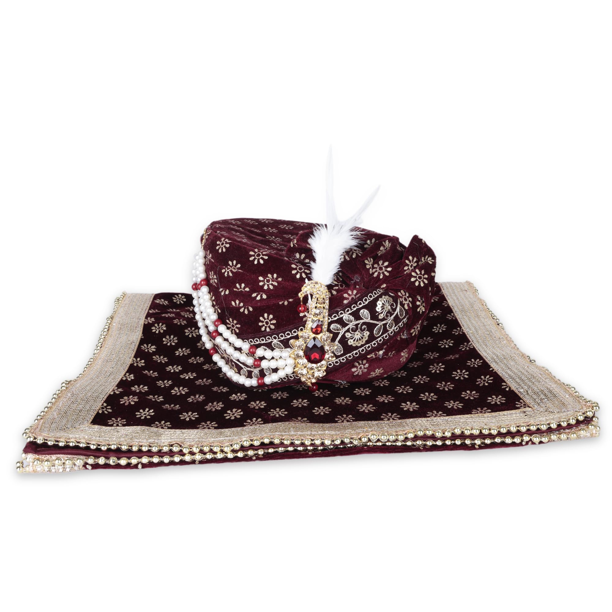 Men Cotton Blend Printed Groom's Safa Shawl Stole Set, Wedding Safa/Turban with Stole, Traditionol Dullha Pagdi for Wedding (Maroon)-image-22