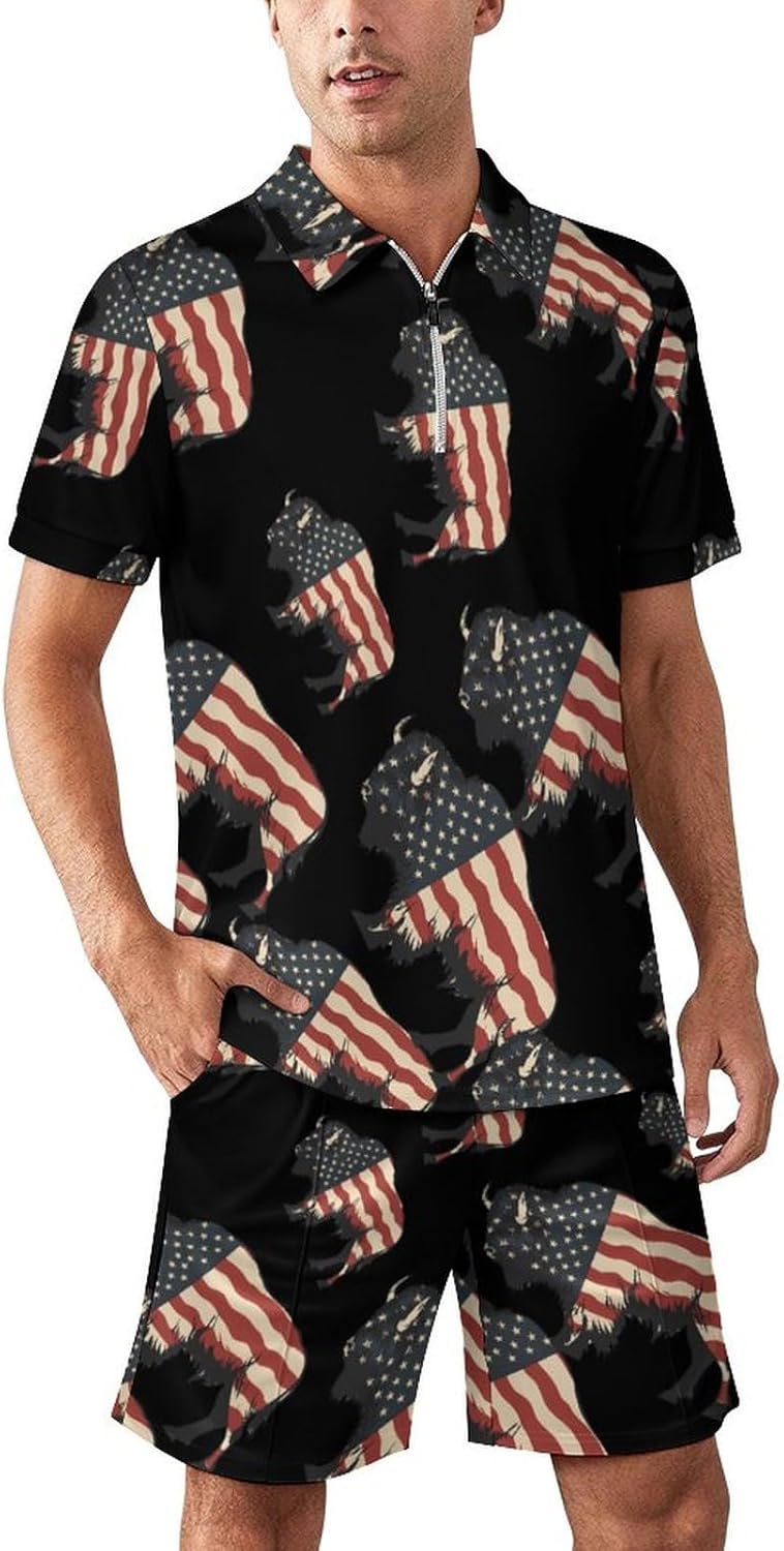 Bison U.S Flag Buffalo Mens Polo Shirts Track Suits 2 Piece Short Sleeve Sweatsuit 1/4 Zip Golf Loungewear for Sports