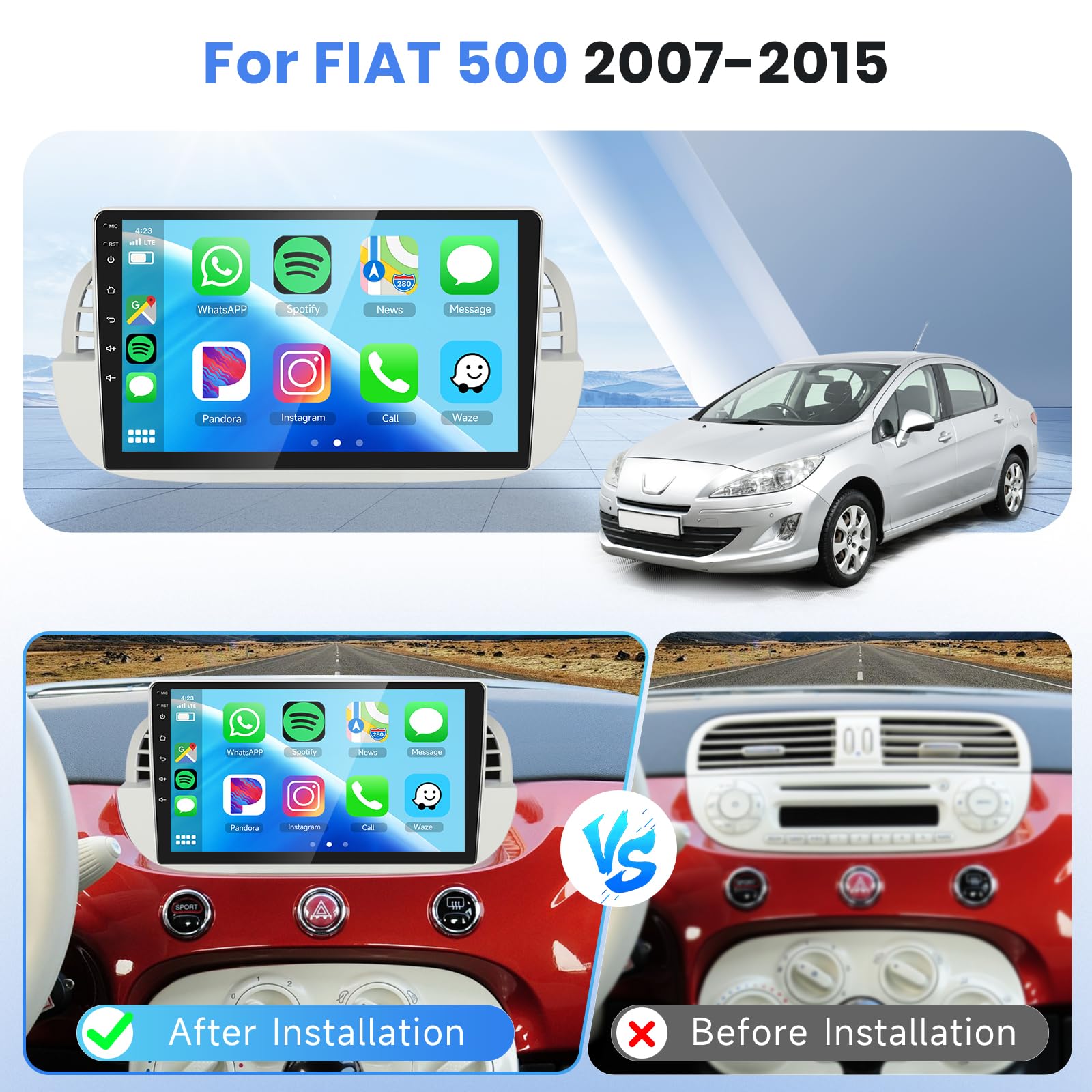 Podofo Carplay radio samochodowe do FIAT 500 2007-2015, ekran dotykowy 9 cali 2G + 64G z bezprzewodowym Carplay Android Auto, Bluetooth/GPS/WiFi/FM/RDS/SWC/HiFi/USB + kamera cofania