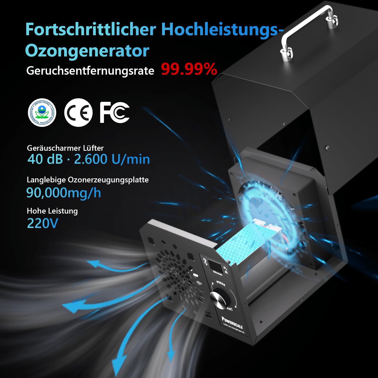 PowerScale OZB1 Generador de ozono comercial 90.000 mg/h – Purificador de aire industrial de ozono para eliminar olores, desinfección y esterilización para grandes espacios y oficinas (90,000 mg/h)