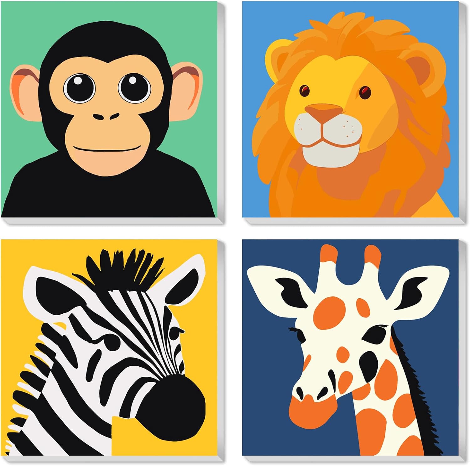 KEYIFA 4 Pack Paint by Numbers Kids Kit with Frame, Easy Animal Painting Kits for Adult Beginners, DIY Acrylic Painting on Framed Canvas for Home Decor Gift, 8x8 in (Orangutan+Lion+Zebra+Giraffe)