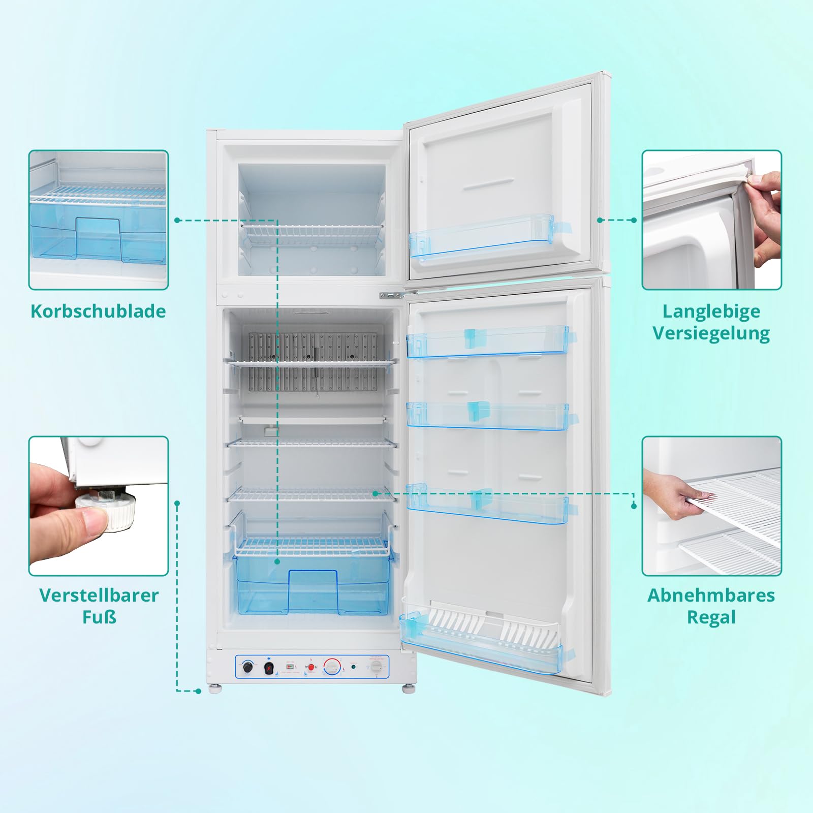 SMETA Gas Kühlschrank mit Gefrierfach 265L, Gas/230V, Kühl-Gefrierkombination für Ferienhaus Gîte Garage Wohnwagen Wohnmobil, Weiß