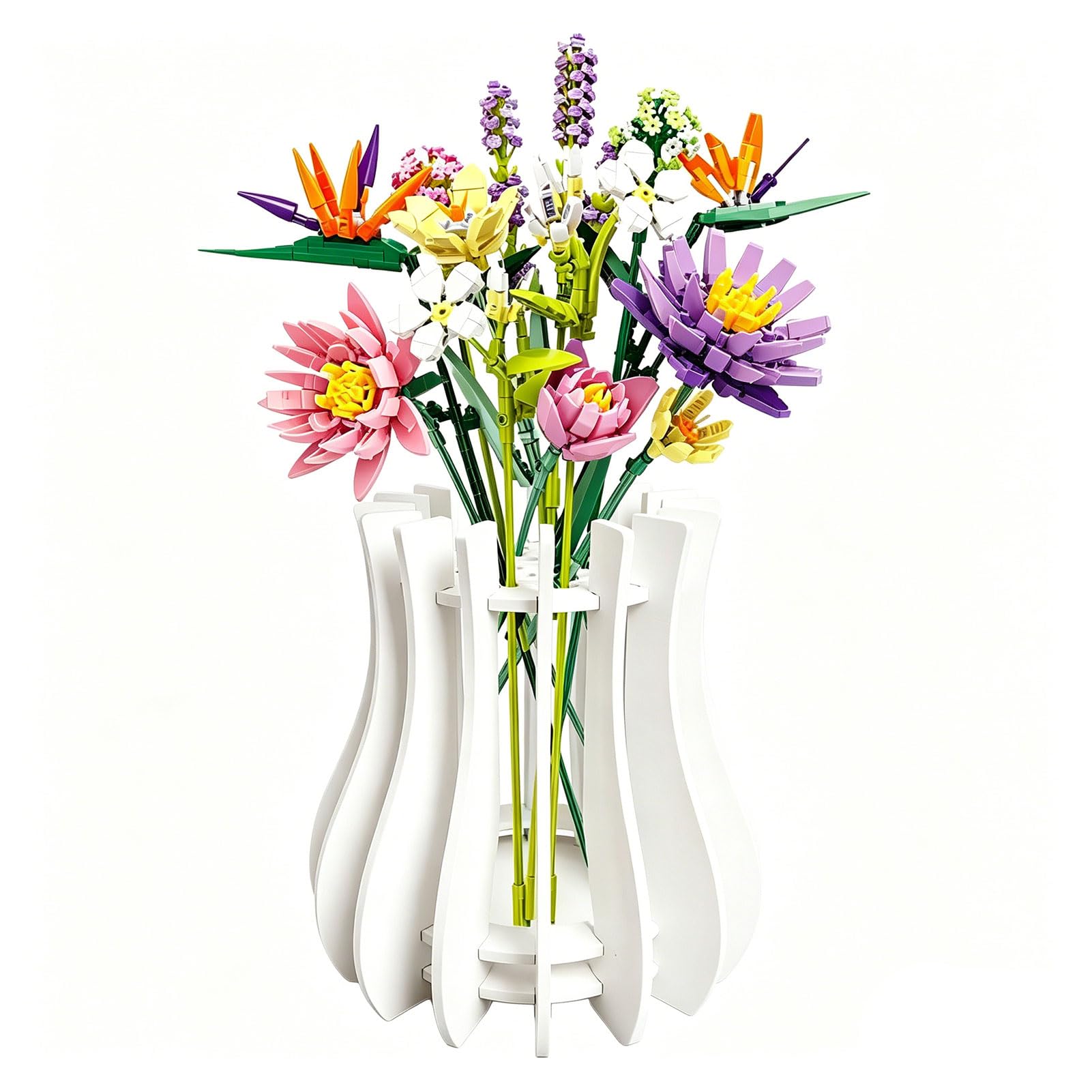 for Lego Vase Wooden Puzzle for Lego Flower Vase, Creative Vases Flowers for Botanicals, Roses, Daffodils, Sunflowers, Cherry Blossom, Tulips, Lotus(White)