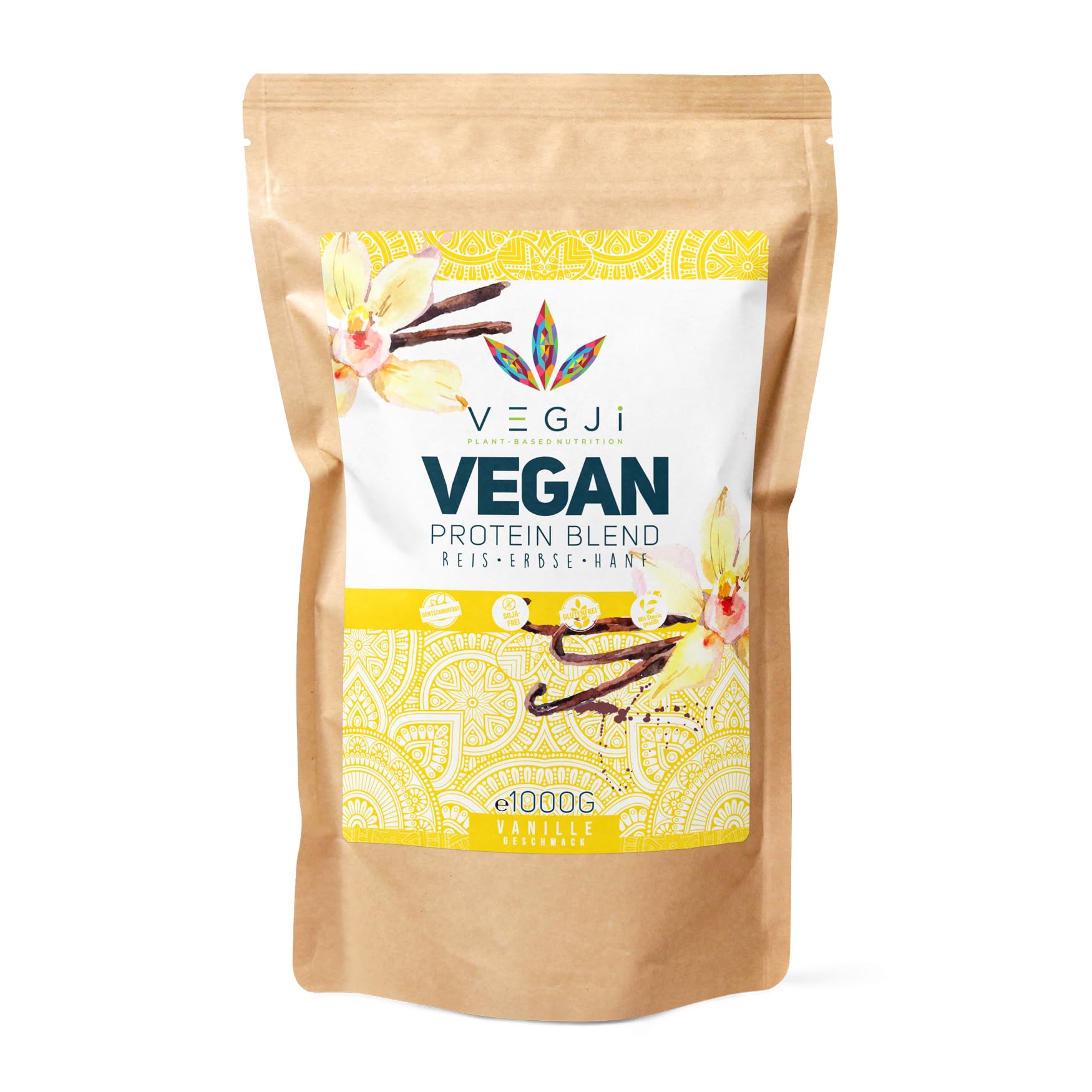 VEGJi Vegan Protein Blend 1000g | Erbsen-, Reis- & Hanfprotein | Hoher Proteingehalt | Natürliche Zutaten | Mit Stevia-Extrakt gesüßt (Vanille)